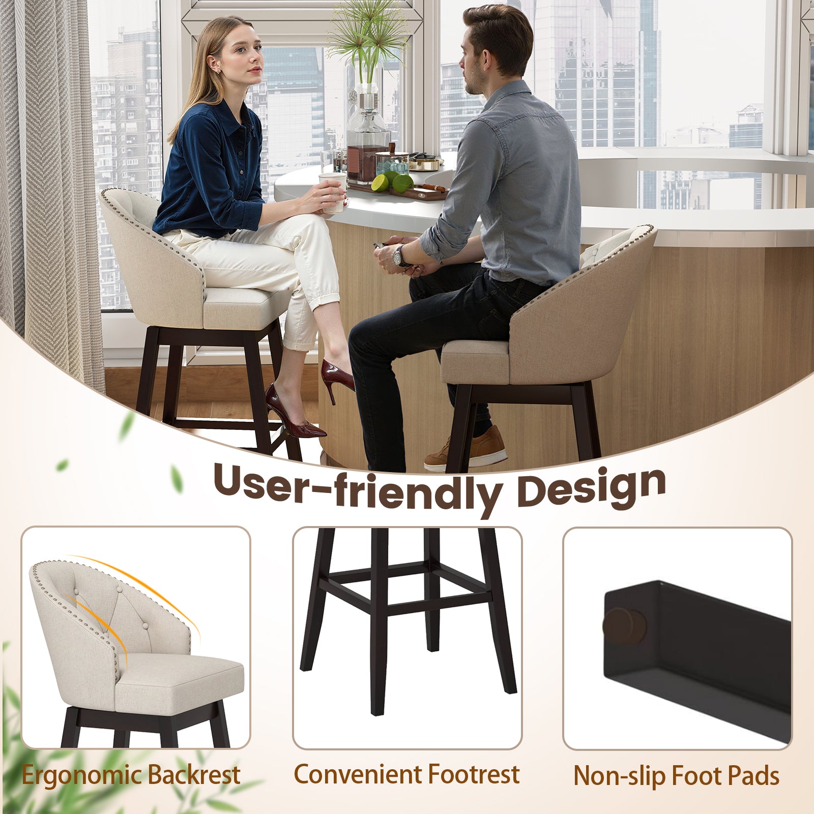 Swivel Bar Stools, Tufted Bar Height Pub Chairs, Rubber Wood Legs, Beige Bar Stools at Gallery Canada