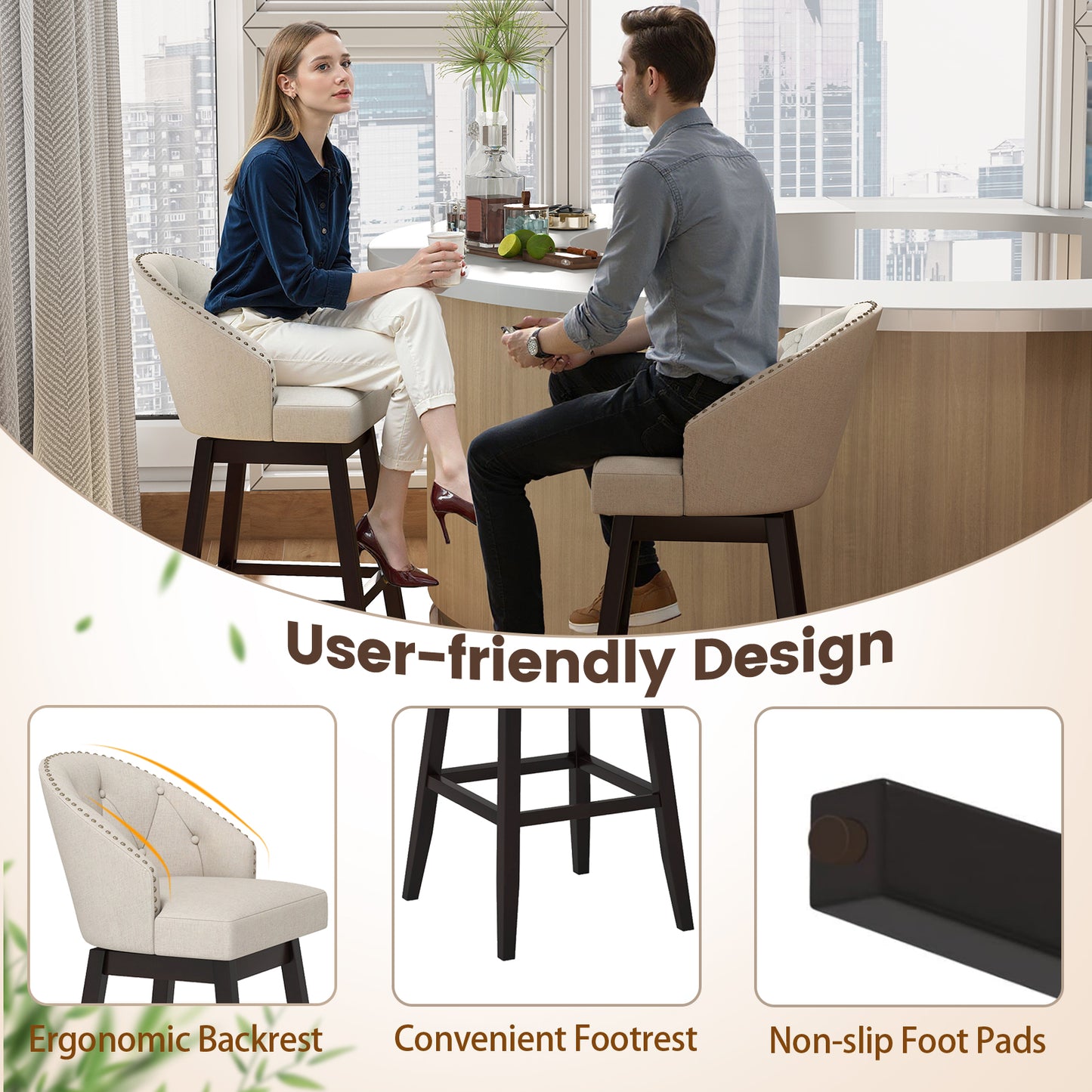 Swivel Bar Stools, Tufted Bar Height Pub Chairs, Rubber Wood Legs, Beige Bar Stools at Gallery Canada