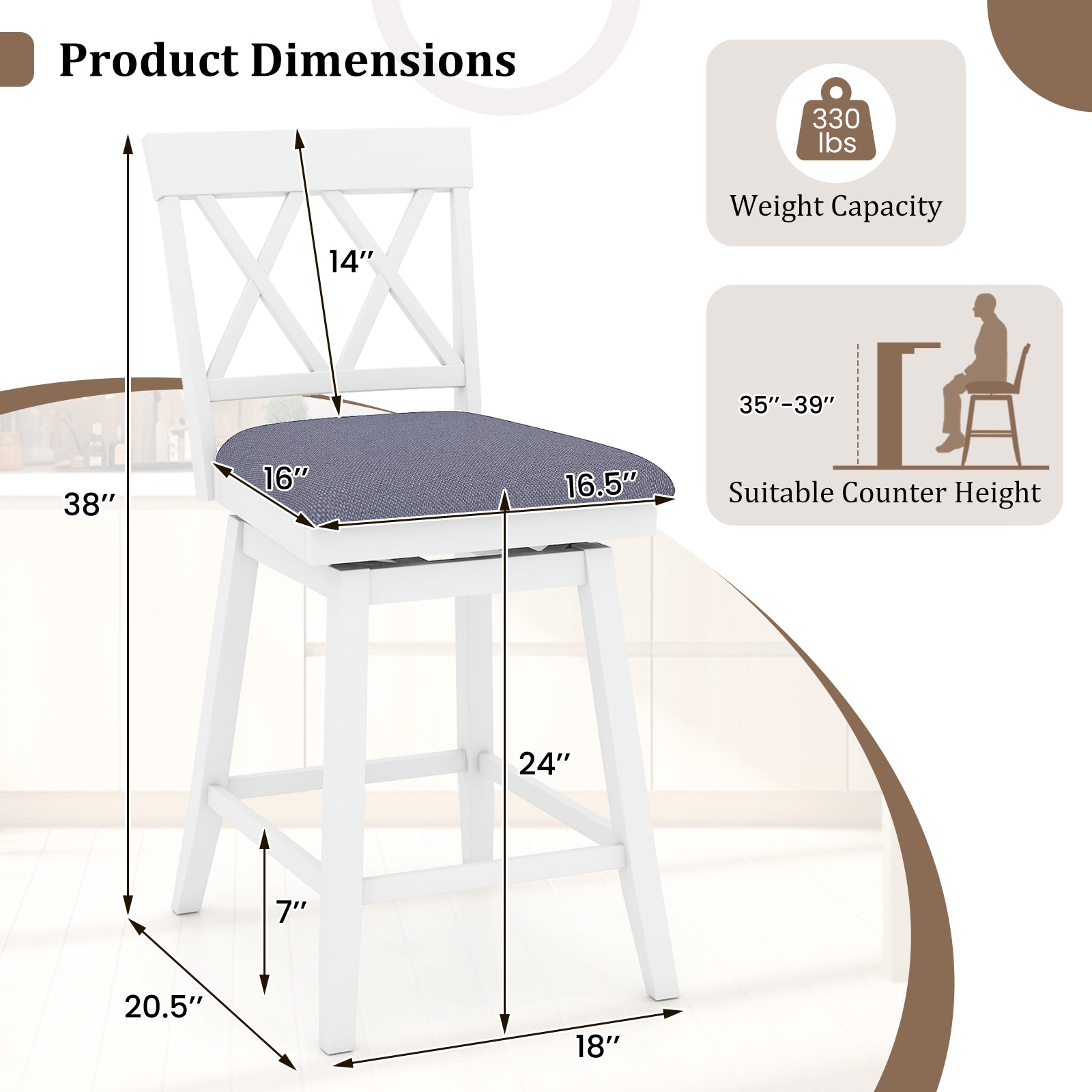 Set of 2 Swivel Bar Stools Counter Height Barstools with Backrest Upholstered Seat Cushion-24 inches Bar Stools at Gallery Canada