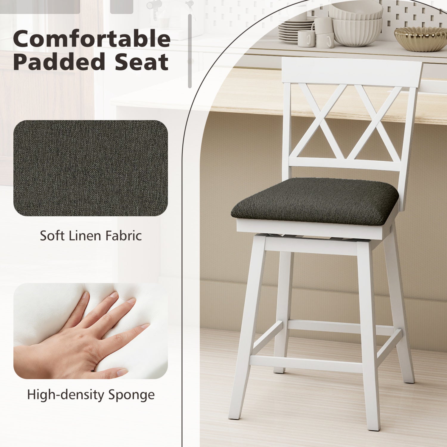 Set of 2 Swivel Bar Stools Counter Height Barstools with Backrest Upholstered Seat Cushion-24 inches Bar Stools at Gallery Canada