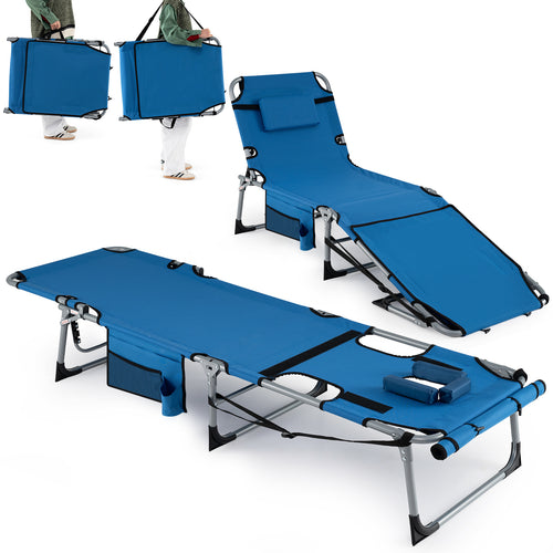 Set of 2 Tanning Chairs, with Face Arm Holes, 4-Level Backrest, Blue