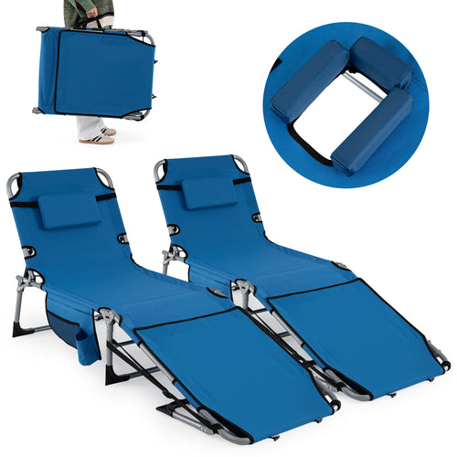 Set of 2 Tanning Chairs, with Face Arm Holes, 4-Level Backrest, Blue