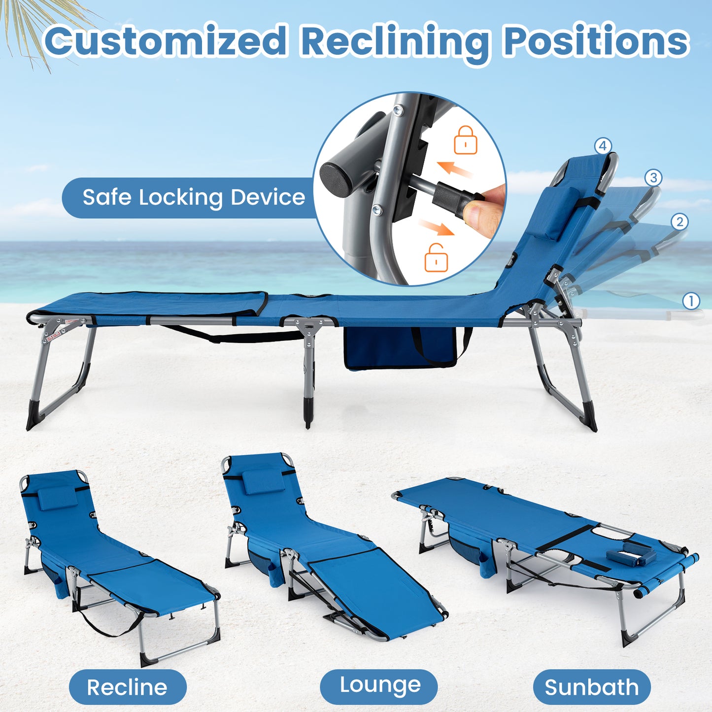 Set of 2 Tanning Chairs, with Face Arm Holes, 4-Level Backrest, Blue Outdoor Seating & Patio Chairs at Gallery Canada