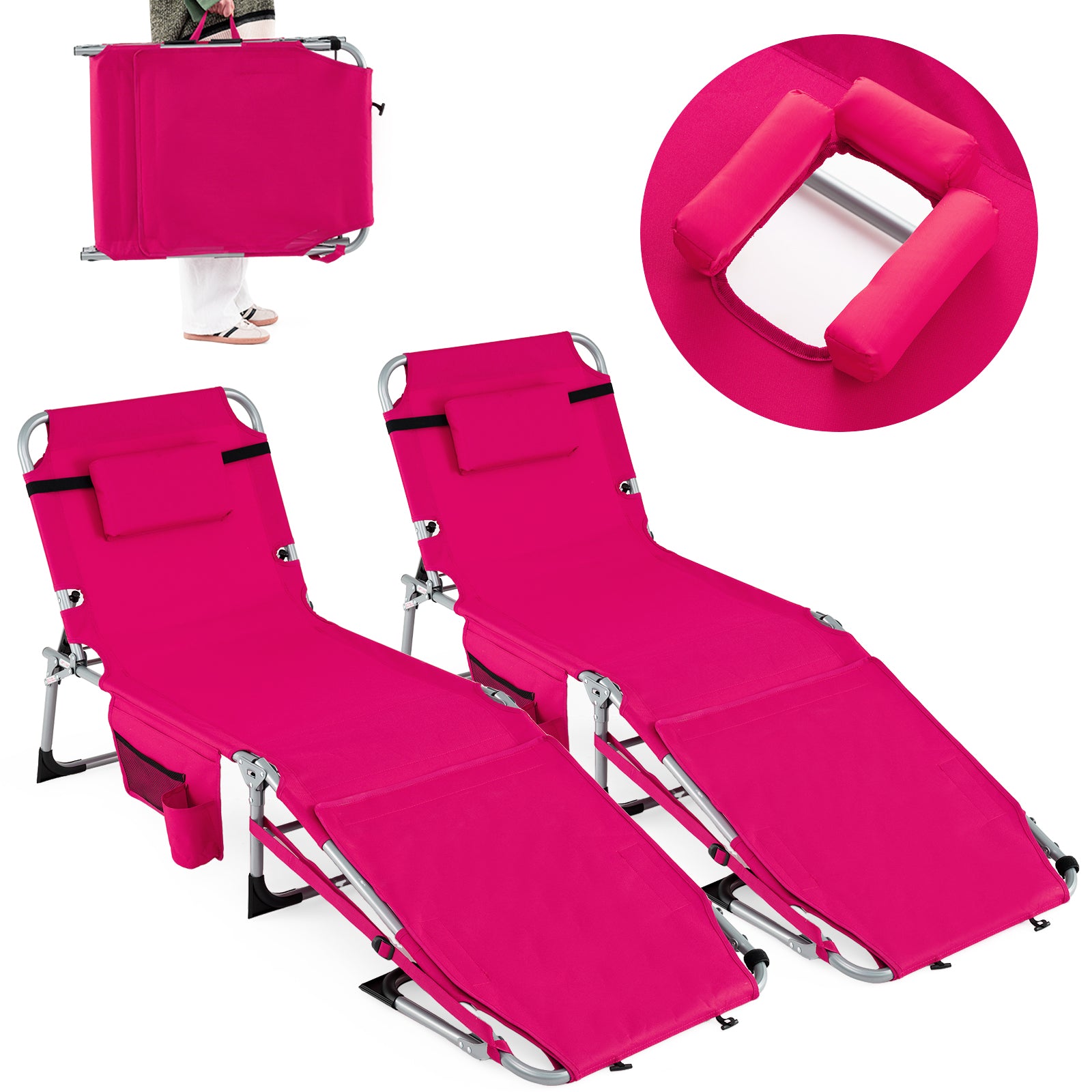 2 Tanning Chairs, Portable, 4-Level Backrest, Pink Outdoor Seating & Patio Chairs Pink at Gallery Canada