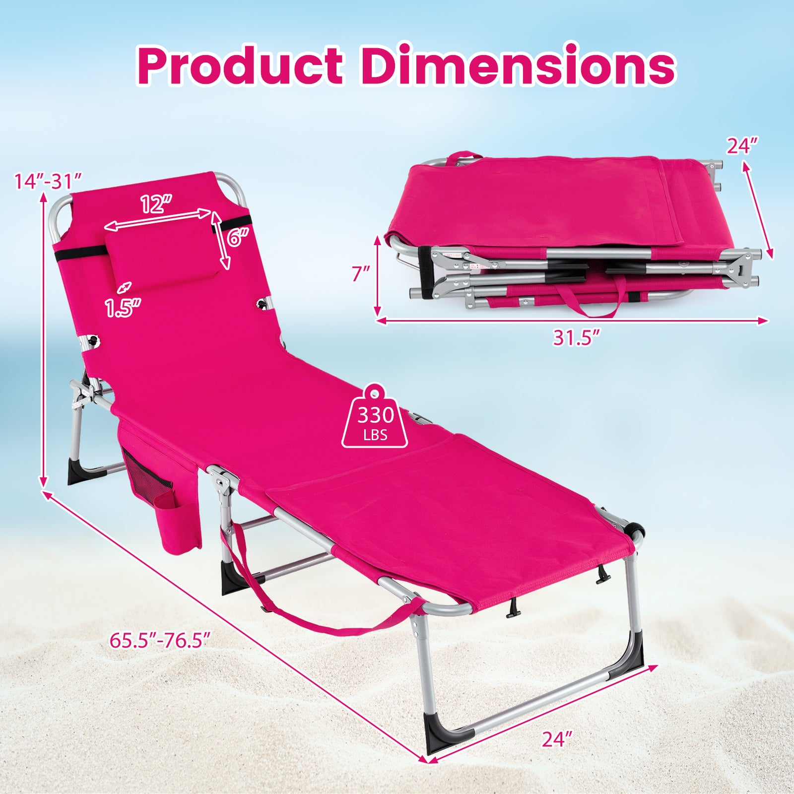 2 Tanning Chairs, Portable, 4-Level Backrest, Pink Outdoor Seating & Patio Chairs at Gallery Canada