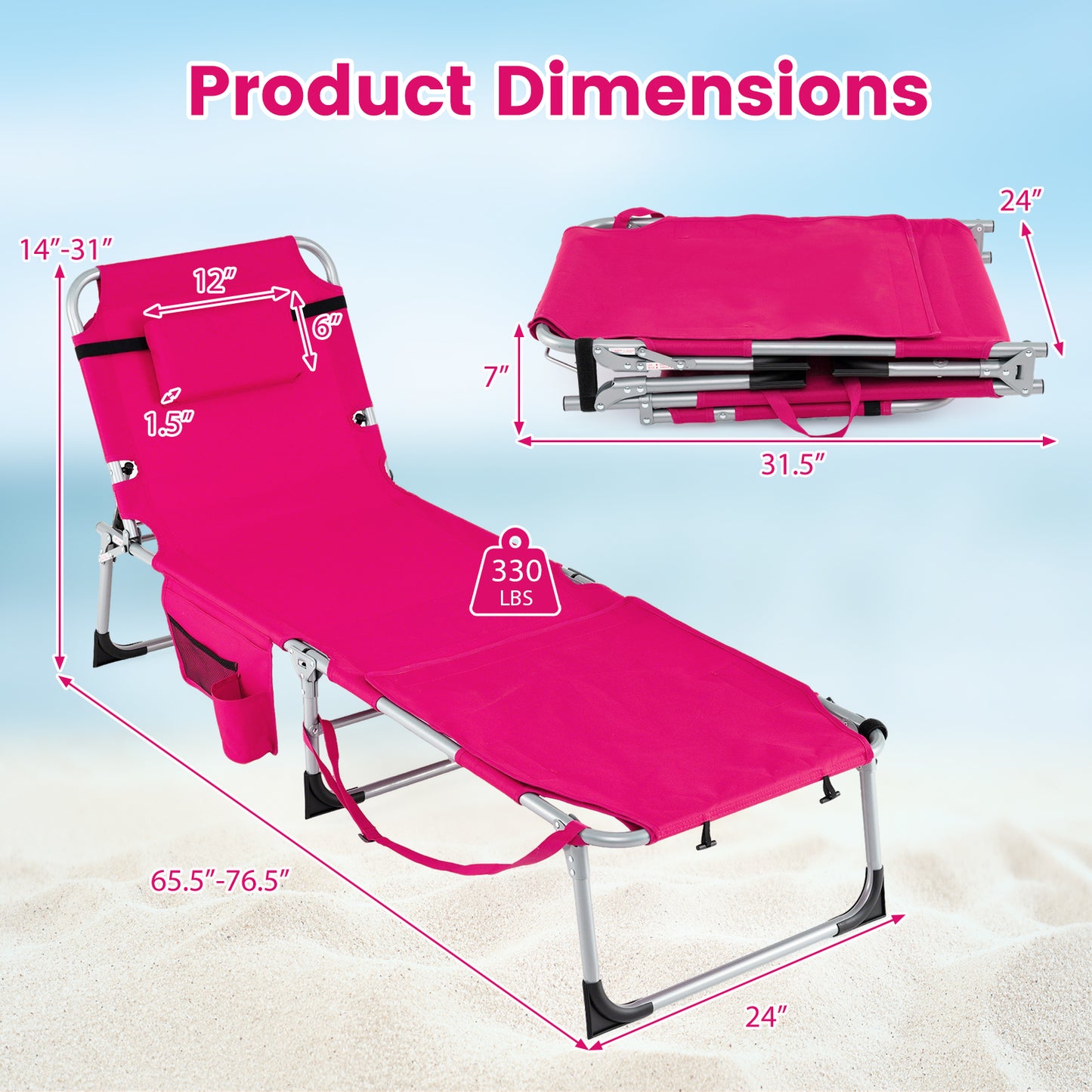 2 Tanning Chairs, Portable, 4-Level Backrest, Pink Outdoor Seating & Patio Chairs at Gallery Canada