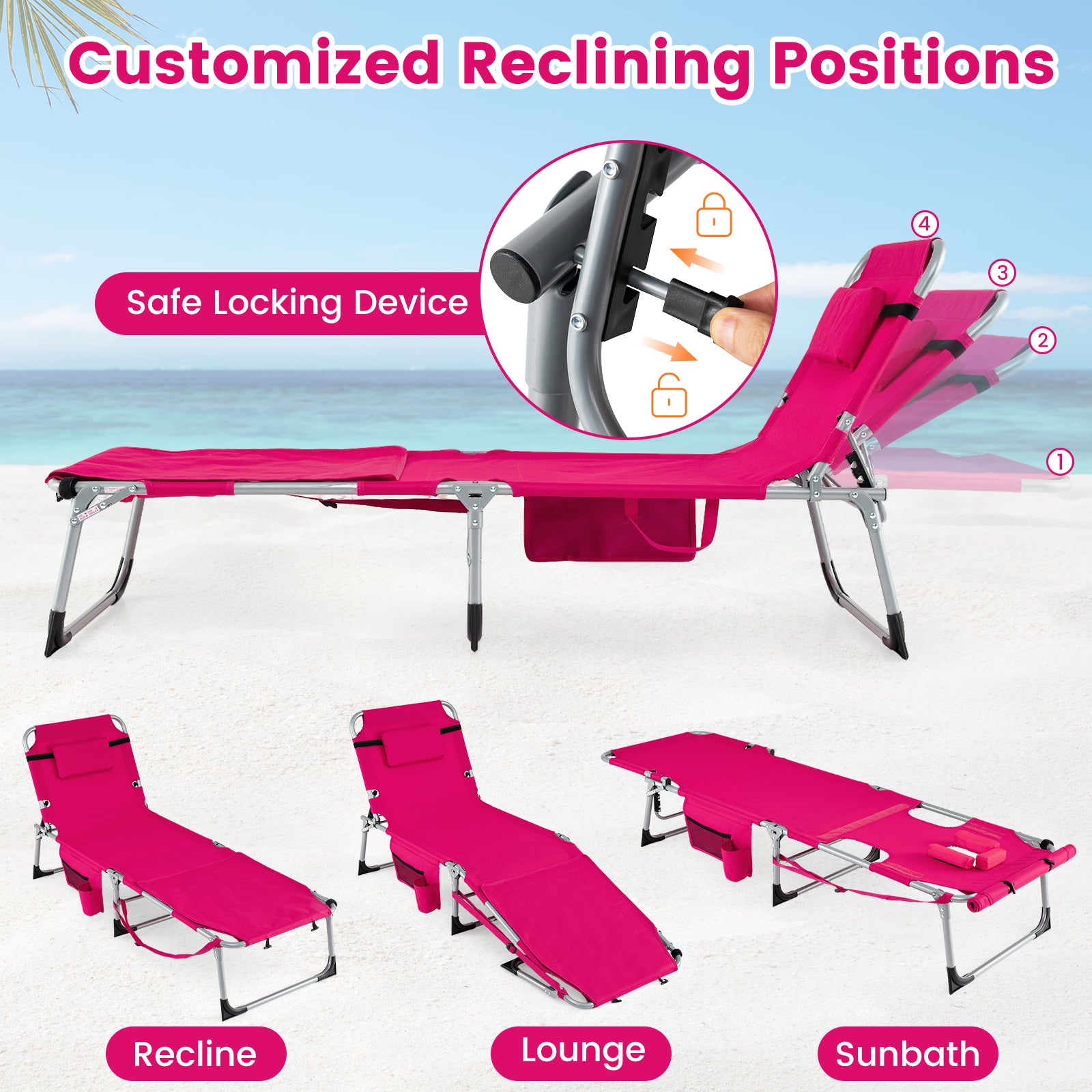2 Tanning Chairs, Portable, 4-Level Backrest, Pink Outdoor Seating & Patio Chairs at Gallery Canada