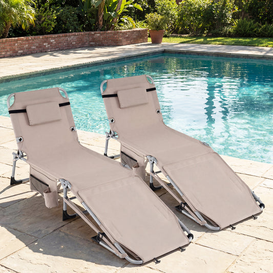 Tanning Chairs, Set of 2, 4-Level Backrest, Face Arm Holes, Beige Outdoor Seating & Patio Chairs Beige at Gallery Canada