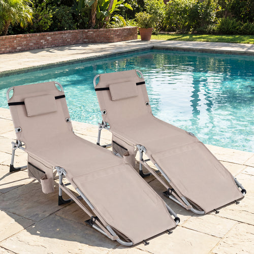 Tanning Chairs, Set of 2, 4-Level Backrest, Face Arm Holes, Beige