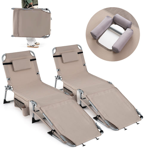 Tanning Chairs, Set of 2, 4-Level Backrest, Face Arm Holes, Beige