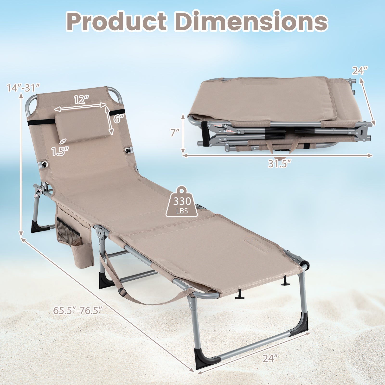 Tanning Chairs, Set of 2, 4-Level Backrest, Face Arm Holes, Beige Outdoor Seating & Patio Chairs at Gallery Canada