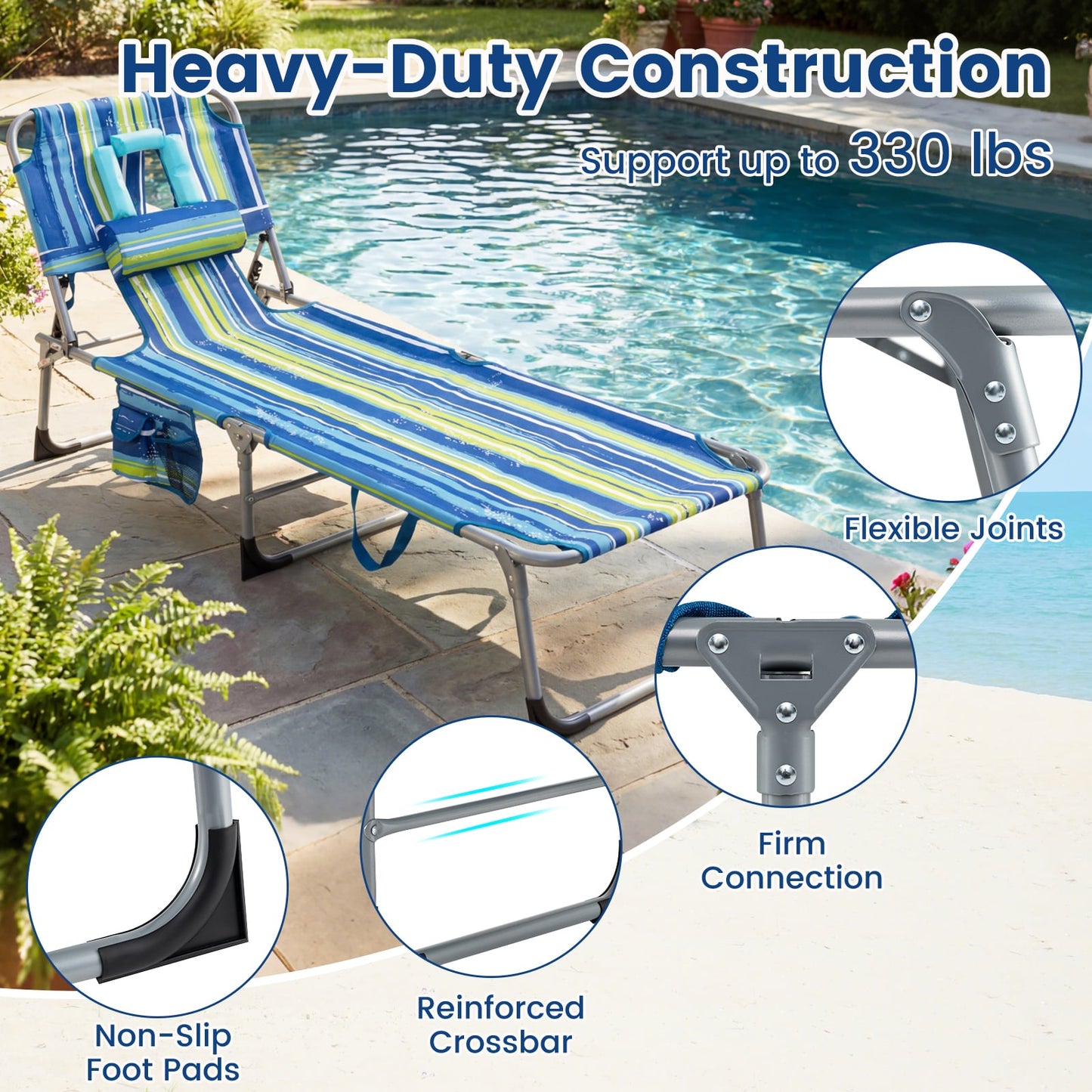 Portable Tanning Chair Set, 4-Position Adjustable Backrest, Multicolor Outdoor Chaise Lounges at Gallery Canada