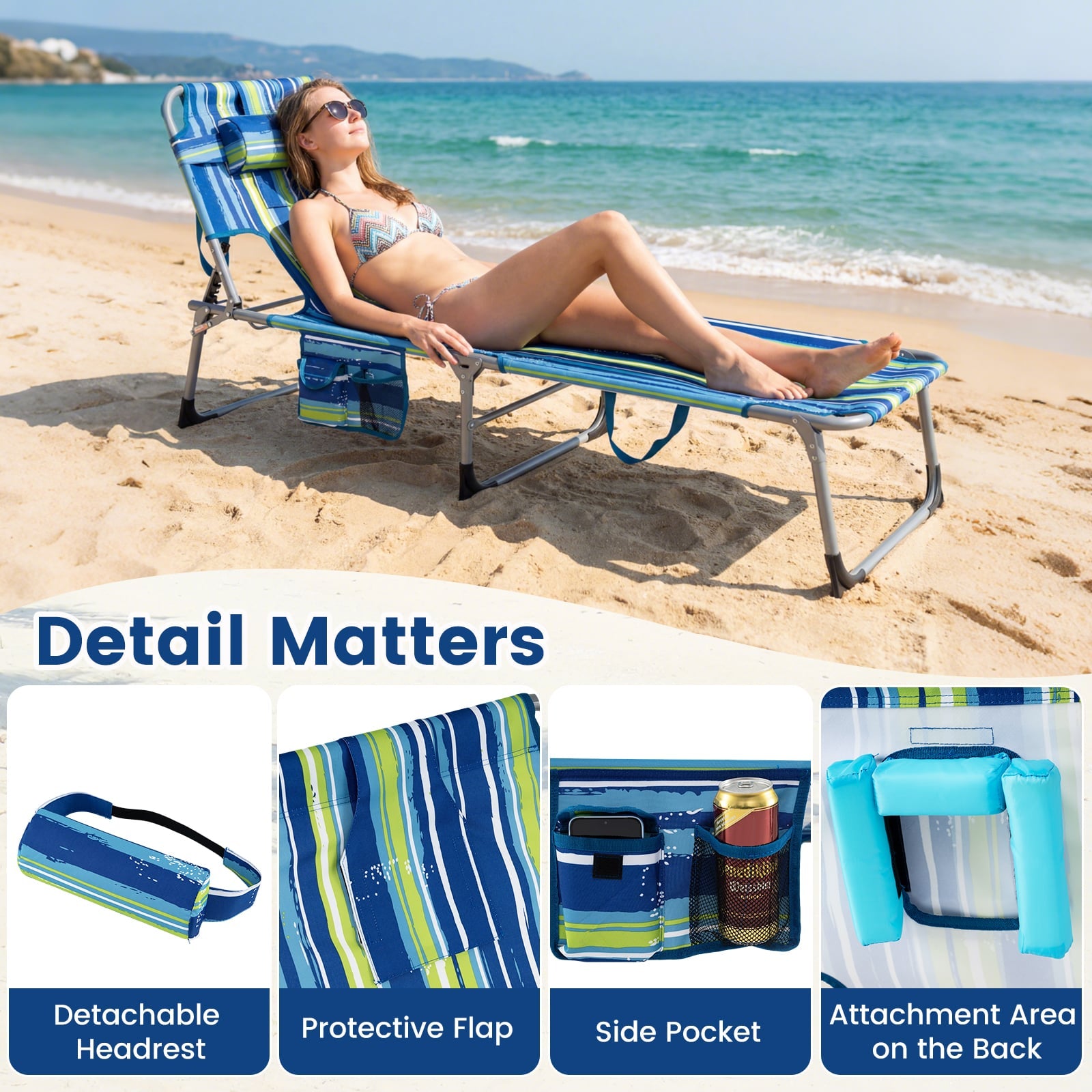 Portable Tanning Chair Set, 4-Position Adjustable Backrest, Multicolor Outdoor Chaise Lounges at Gallery Canada