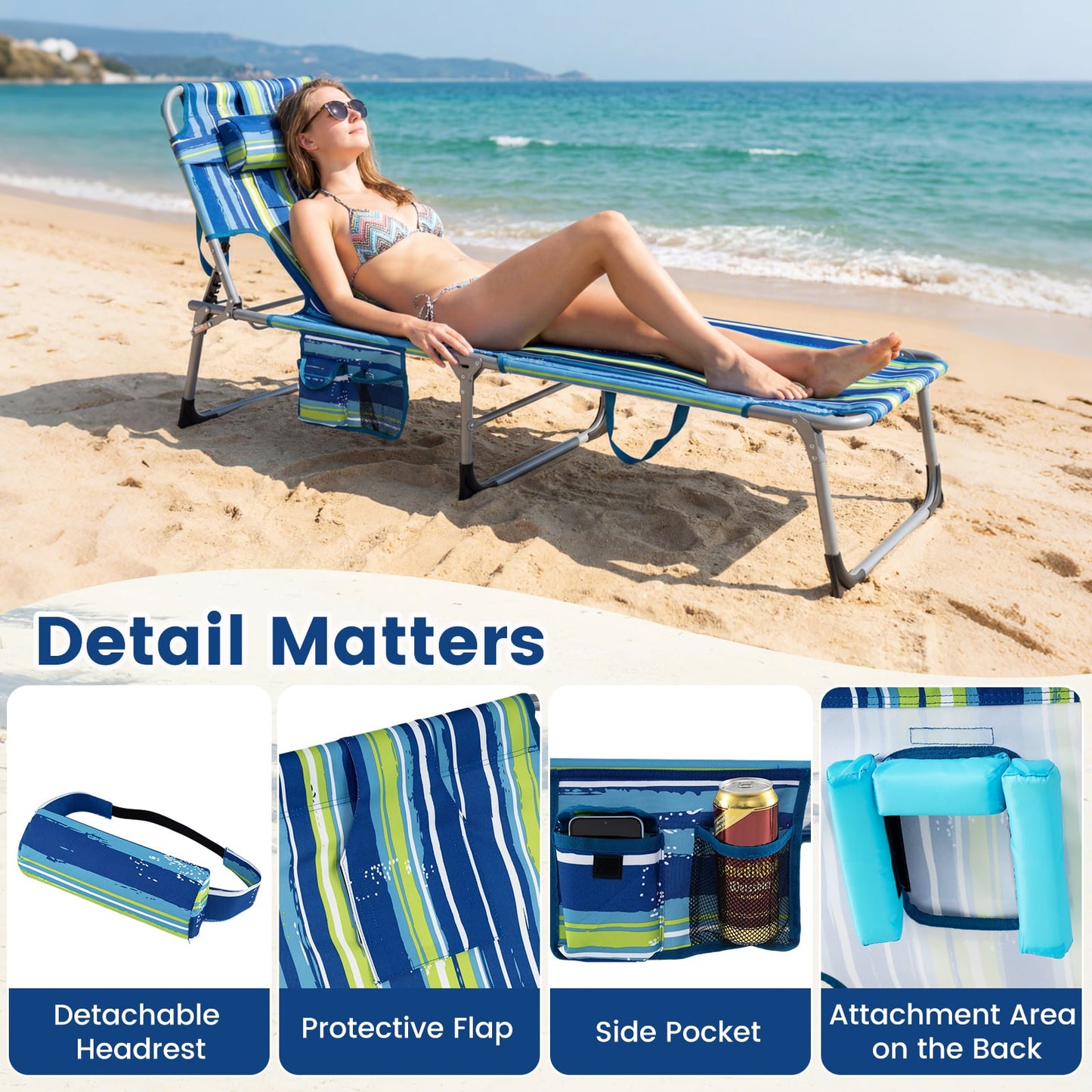 Portable Tanning Chair Set, 4-Position Adjustable Backrest, Multicolor Outdoor Chaise Lounges at Gallery Canada
