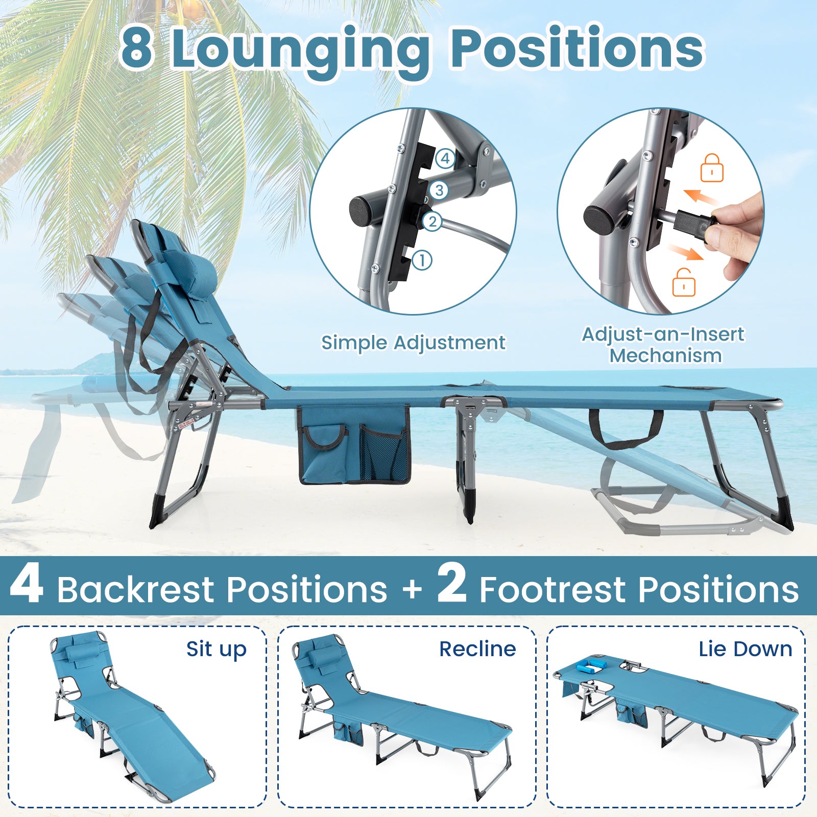 Portable Chaise Lounge Chair, 4-Position Adjustable Backrest, Set of 2, Navy Outdoor Chaise Lounges at Gallery Canada