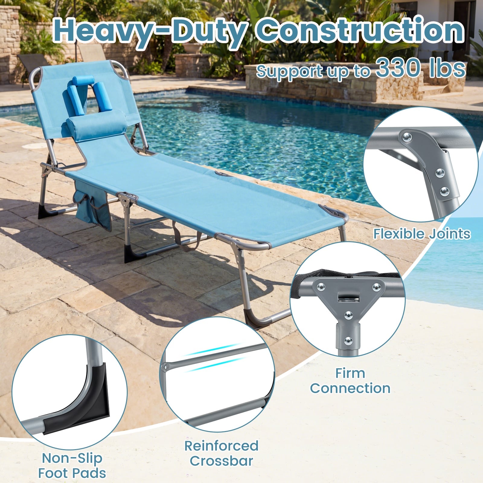 Portable Chaise Lounge Chair, 4-Position Adjustable Backrest, Set of 2, Navy Outdoor Chaise Lounges at Gallery Canada