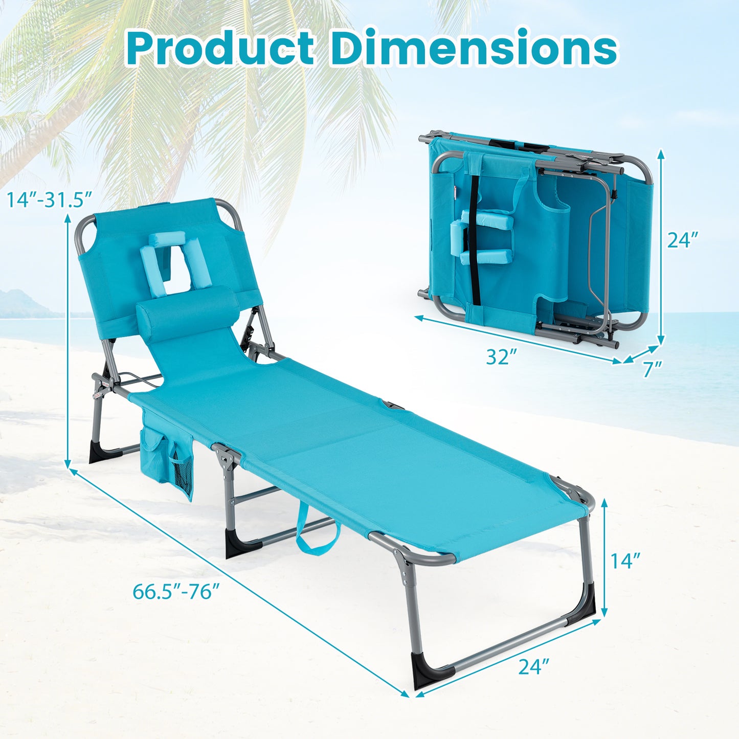2-Pack Portable Tanning Chair, Adjustable Backrest, Turquoise Outdoor Chaise Lounges at Gallery Canada