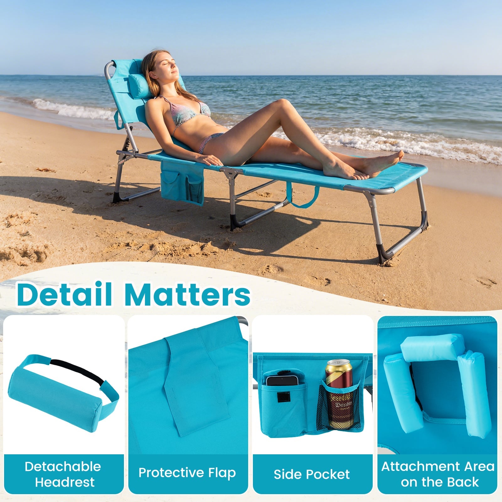 2-Pack Portable Tanning Chair, Adjustable Backrest, Turquoise Outdoor Chaise Lounges at Gallery Canada