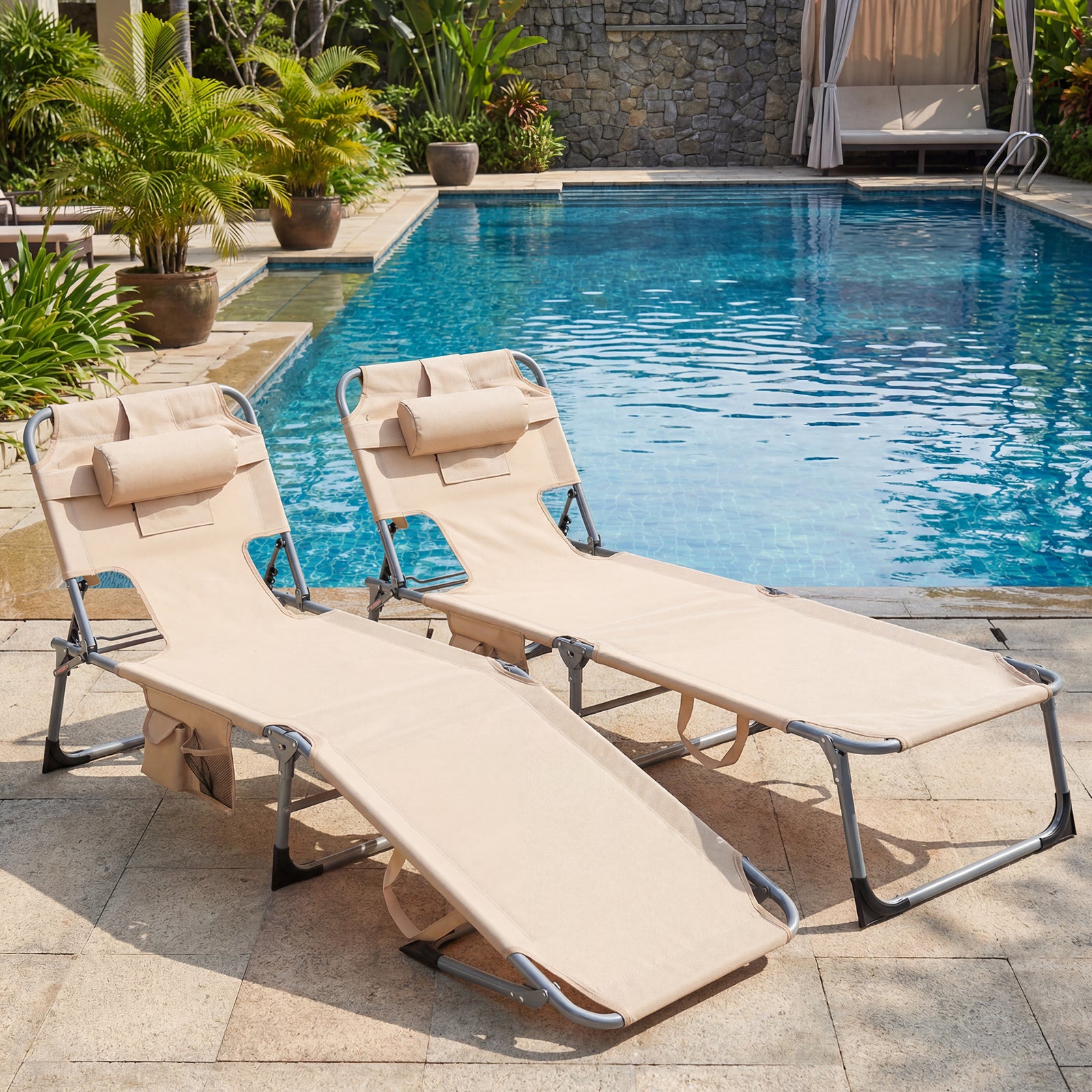 2 Tanning Chair, Portable Chaise Lounge, 4-Position Adjustable Backrest, Beige Outdoor Chaise Lounges at Gallery Canada