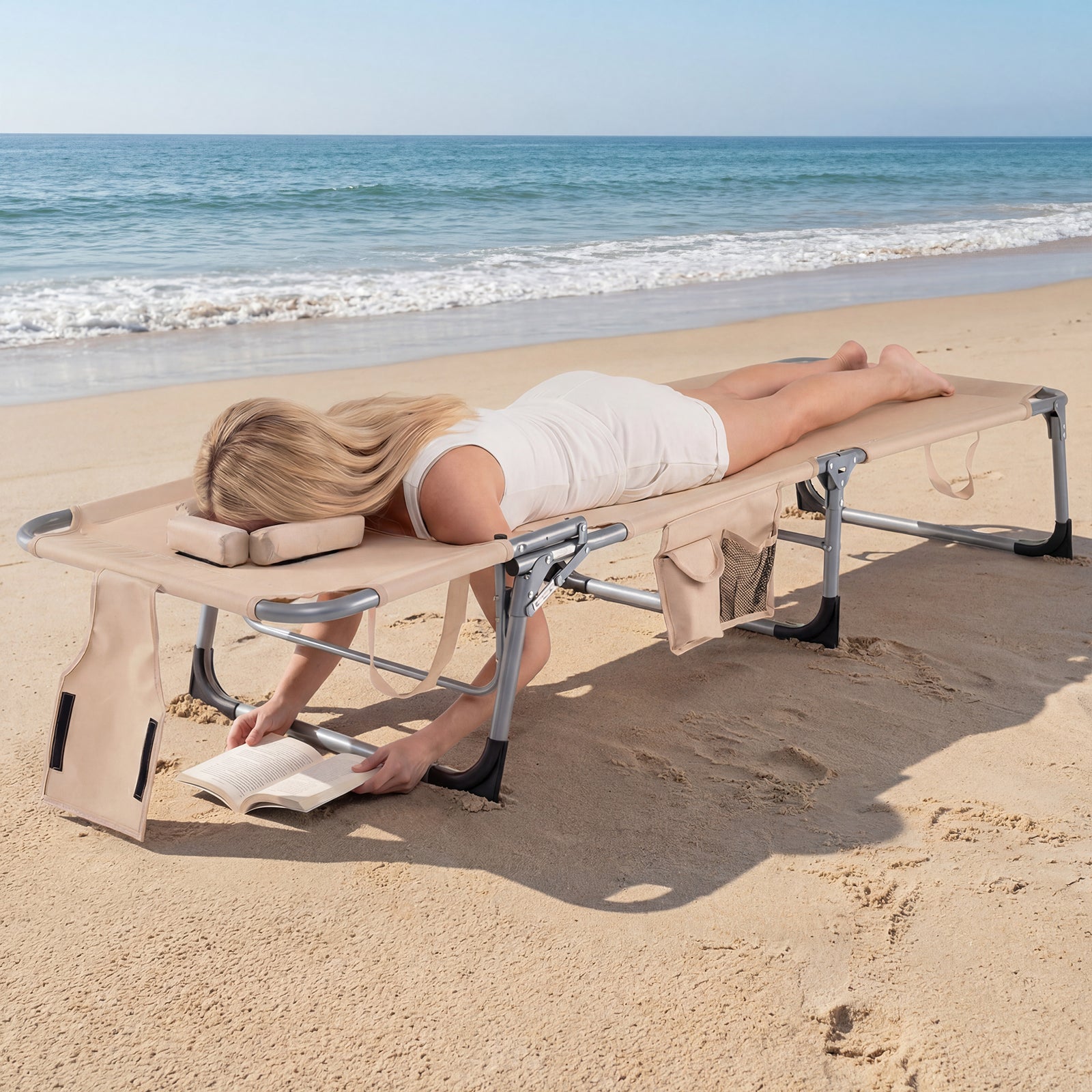 2 Tanning Chair, Portable Chaise Lounge, 4-Position Adjustable Backrest, Beige Outdoor Chaise Lounges at Gallery Canada