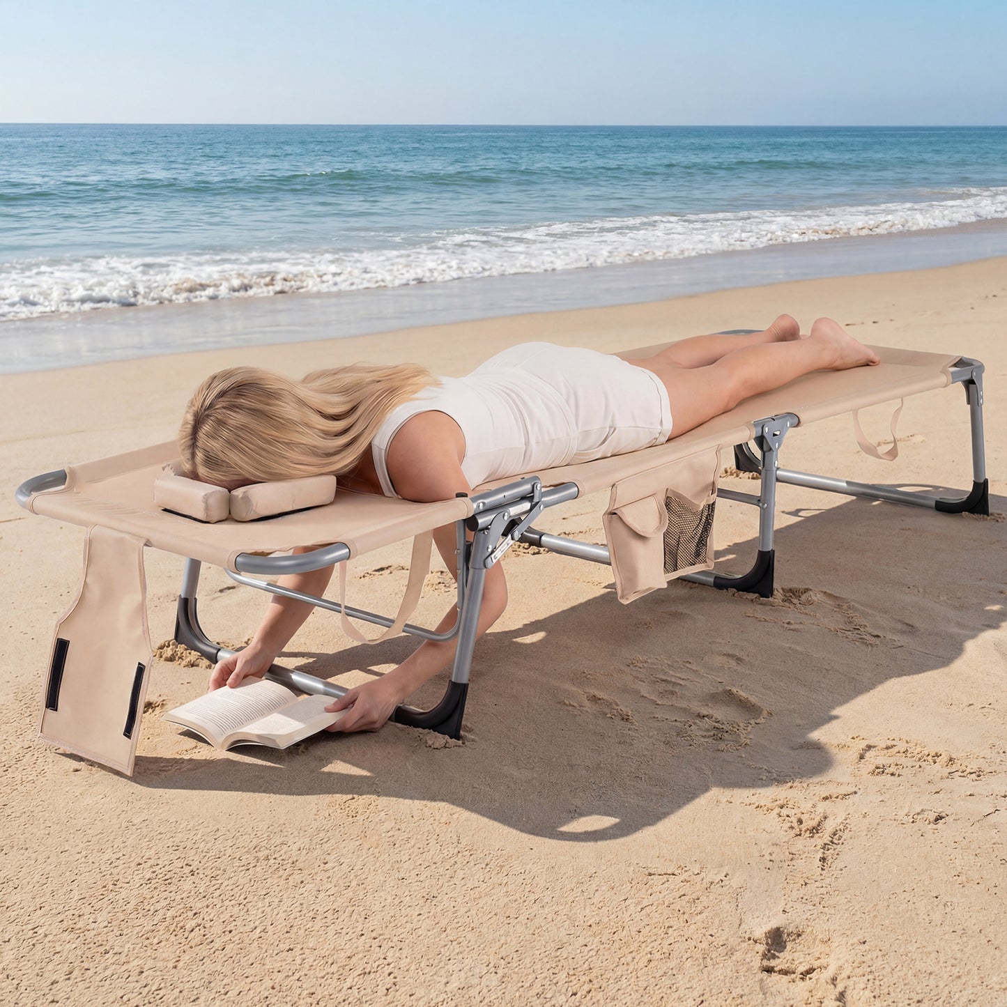 2 Tanning Chair, Portable Chaise Lounge, 4-Position Adjustable Backrest, Beige Outdoor Chaise Lounges at Gallery Canada