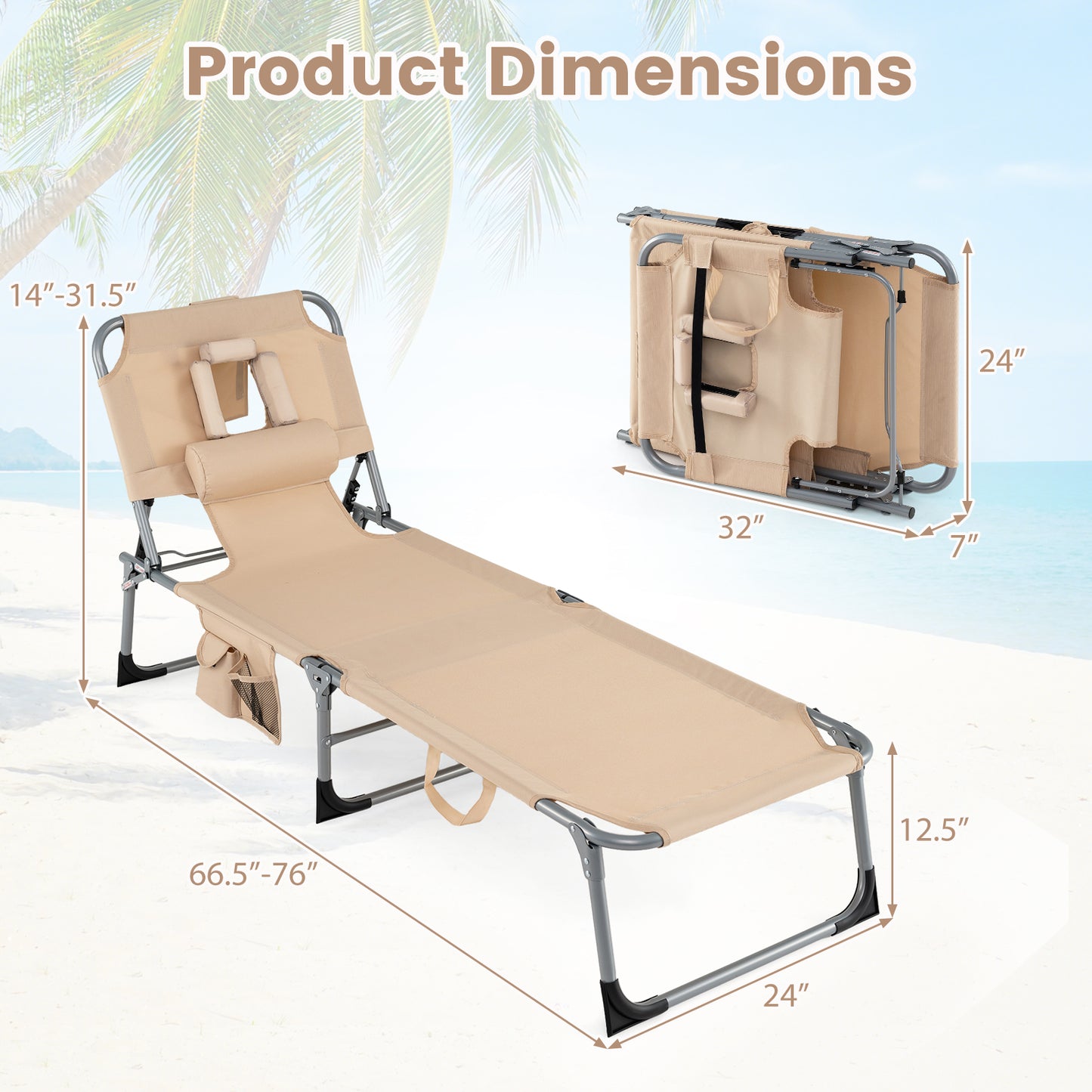 2 Tanning Chair, Portable Chaise Lounge, 4-Position Adjustable Backrest, Beige Outdoor Chaise Lounges at Gallery Canada