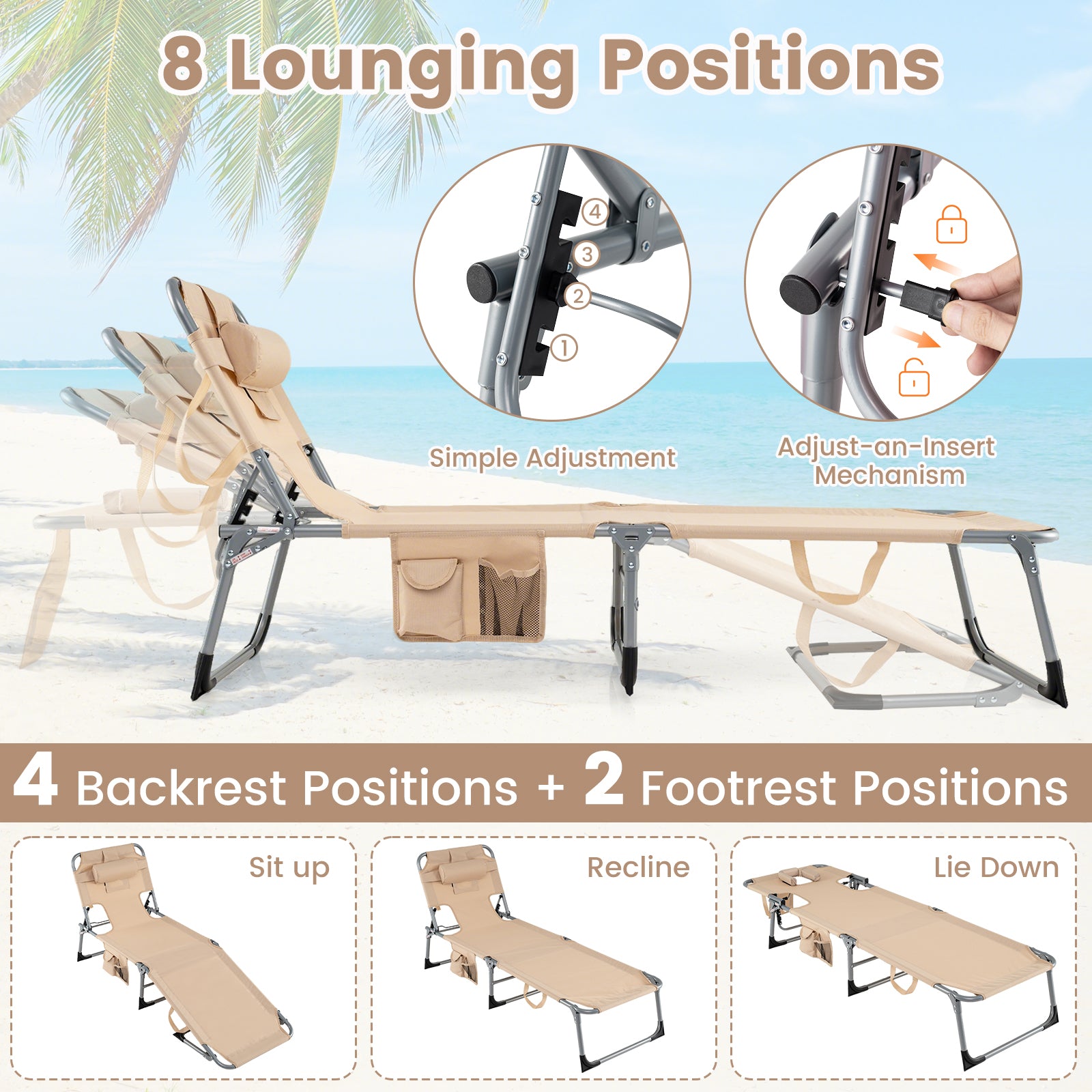 2 Tanning Chair, Portable Chaise Lounge, 4-Position Adjustable Backrest, Beige Outdoor Chaise Lounges at Gallery Canada