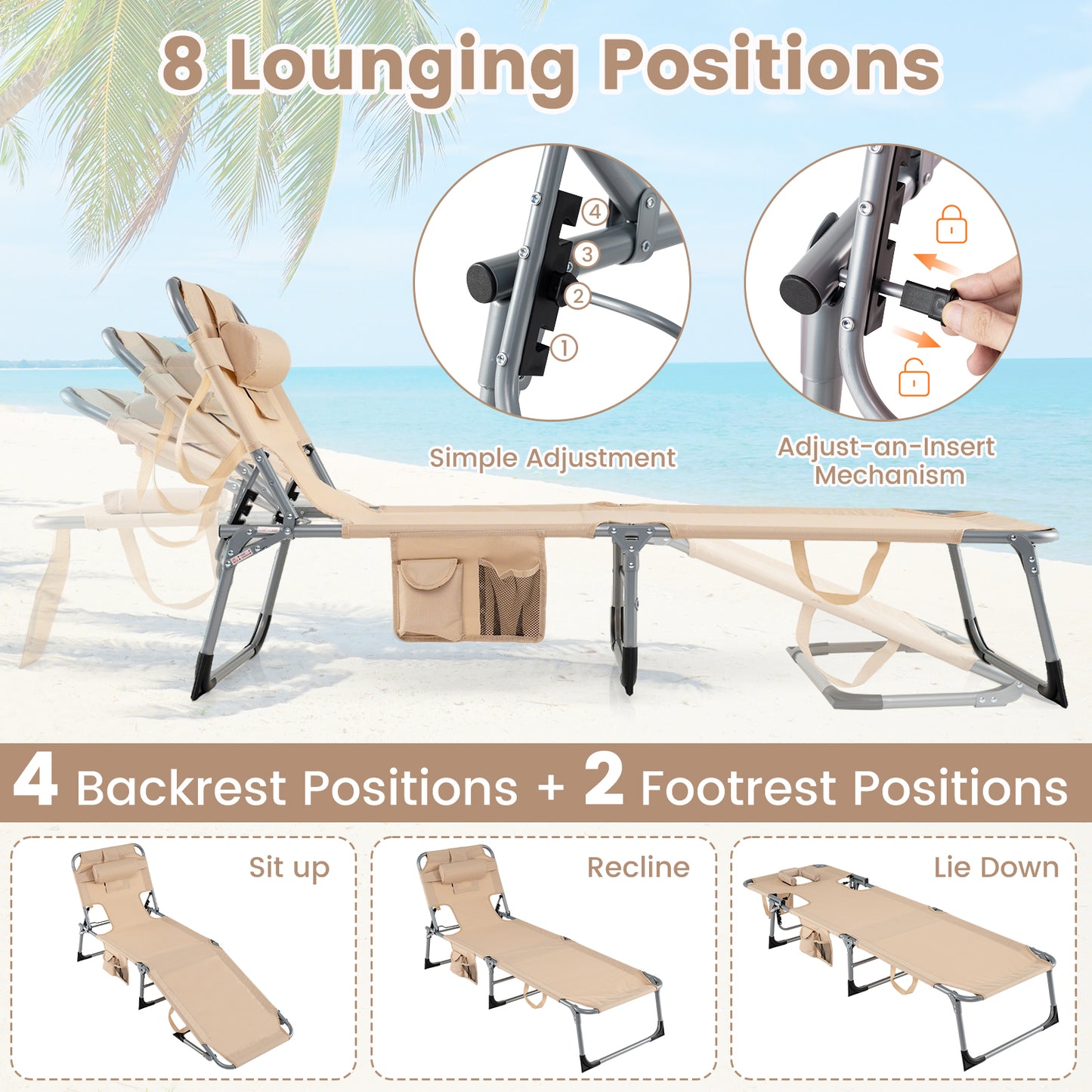2 Tanning Chair, Portable Chaise Lounge, 4-Position Adjustable Backrest, Beige Outdoor Chaise Lounges at Gallery Canada