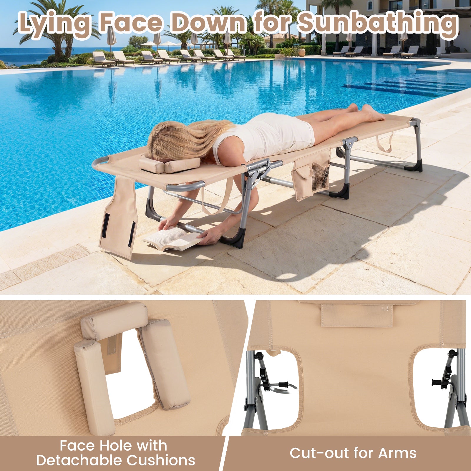 2 Tanning Chair, Portable Chaise Lounge, 4-Position Adjustable Backrest, Beige Outdoor Chaise Lounges at Gallery Canada