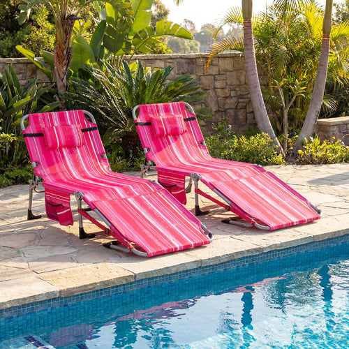 2 Tanning Chairs, Face Arm Holes, 4-Level Backrest Strip, Pink