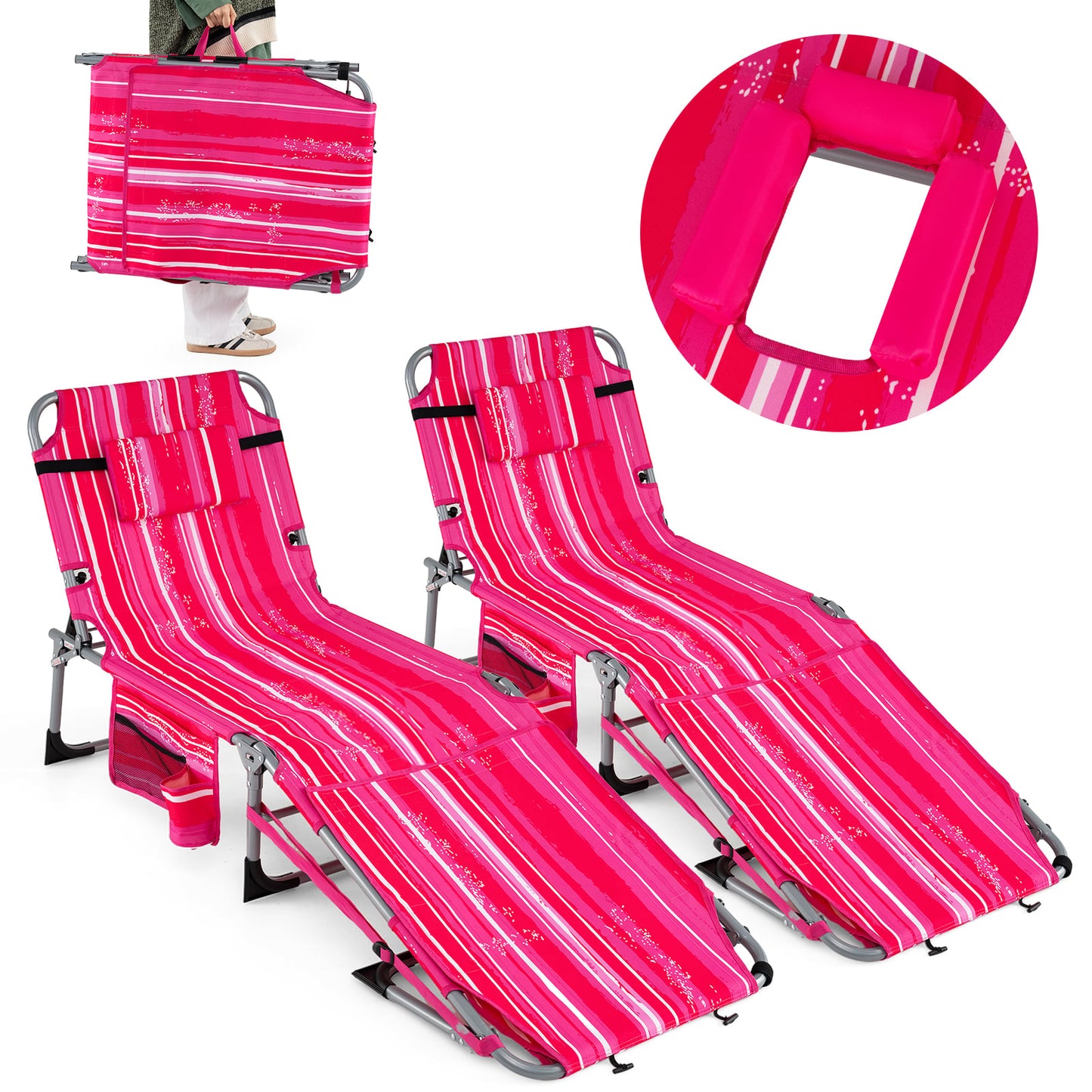 2 Tanning Chairs, Face Arm Holes, 4-Level Backrest Strip, Pink Beach & Lawn Chairs Options at Gallery Canada