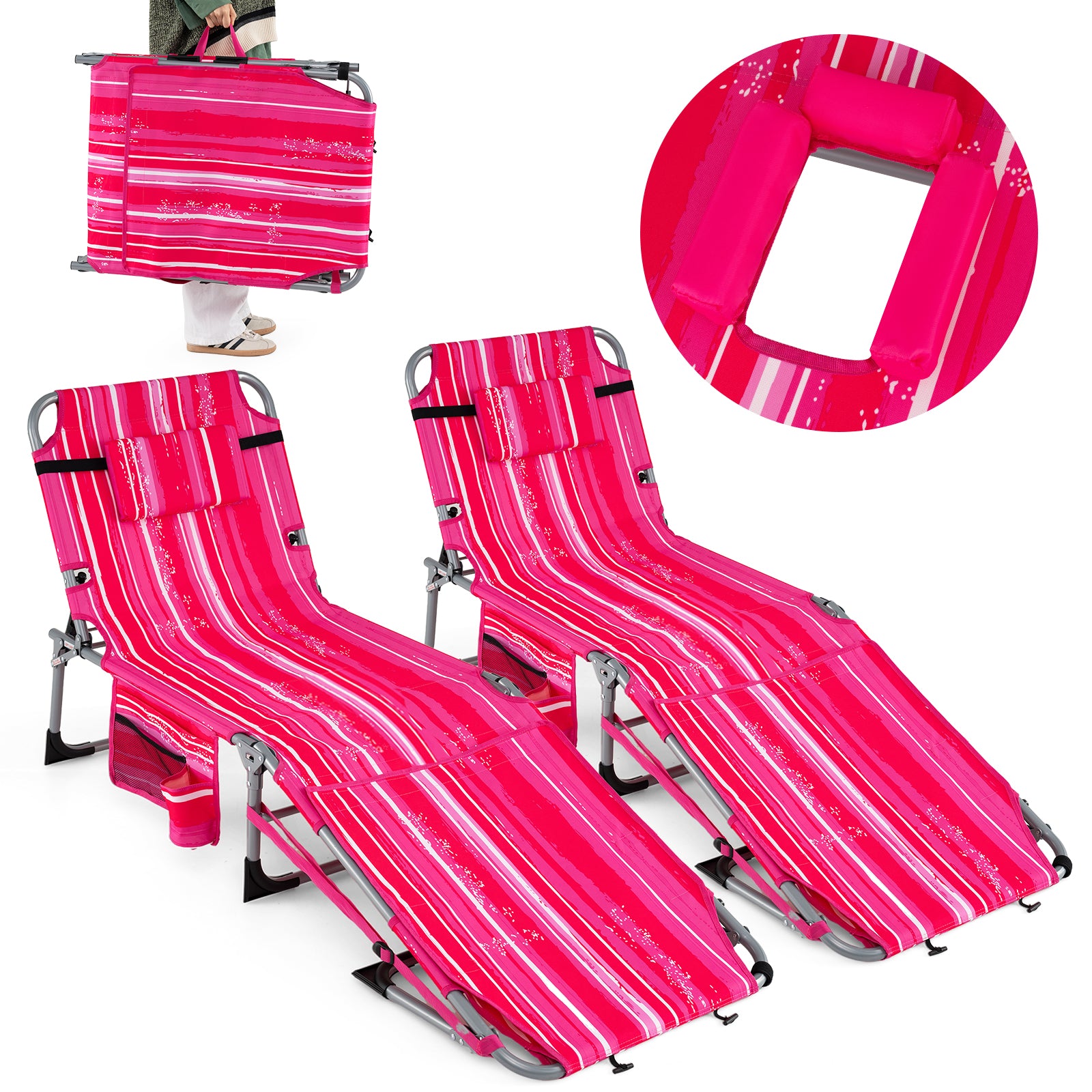 2 Tanning Chairs, Face Arm Holes, 4-Level Backrest Strip, Pink Beach & Lawn Chairs Options at Gallery Canada