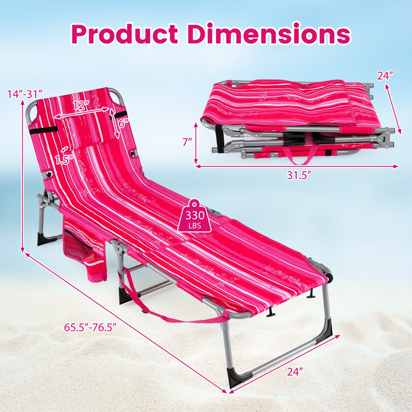 2 Tanning Chairs, Face Arm Holes, 4-Level Backrest Strip, Pink Beach & Lawn Chairs at Gallery Canada