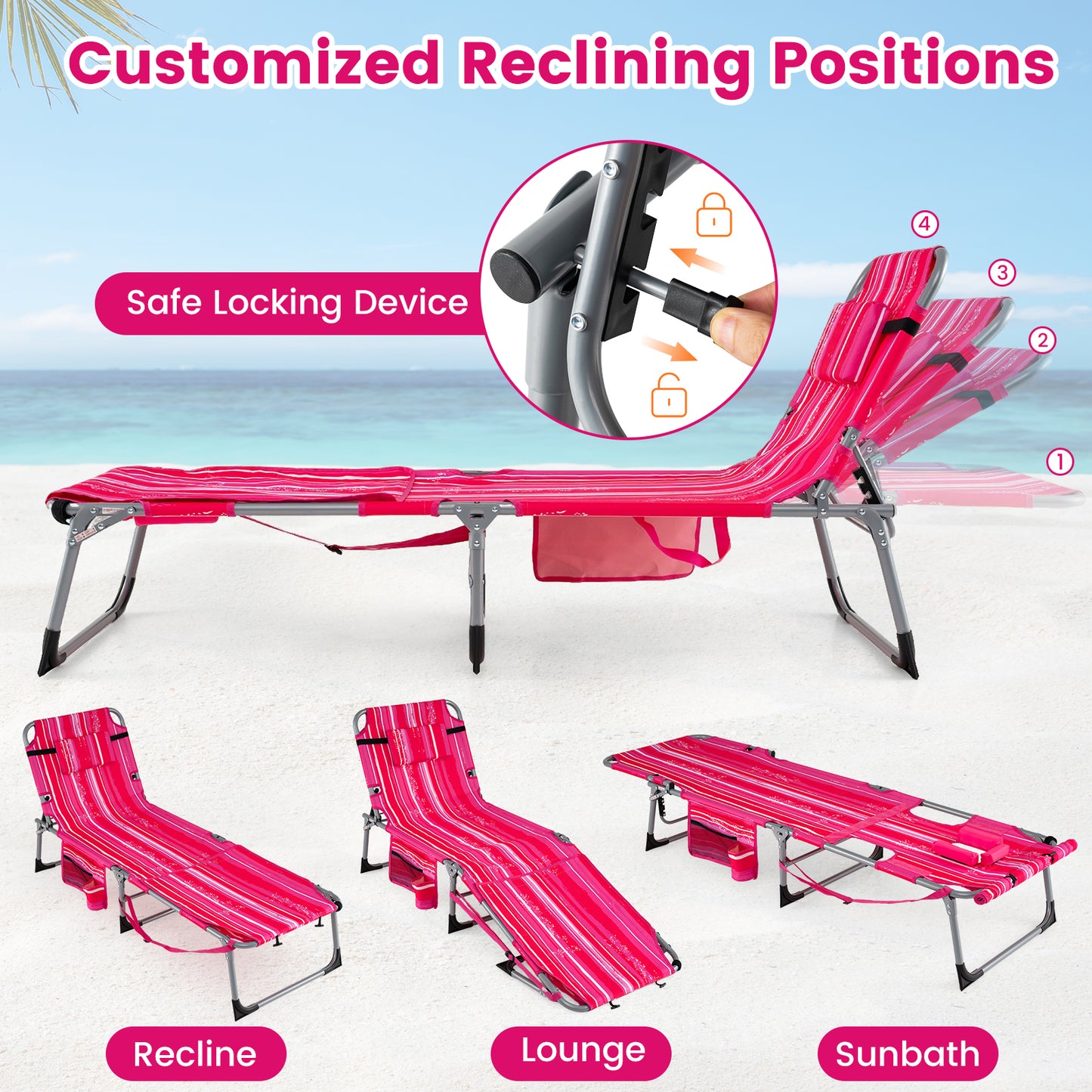 2 Tanning Chairs, Face Arm Holes, 4-Level Backrest Strip, Pink Beach & Lawn Chairs at Gallery Canada