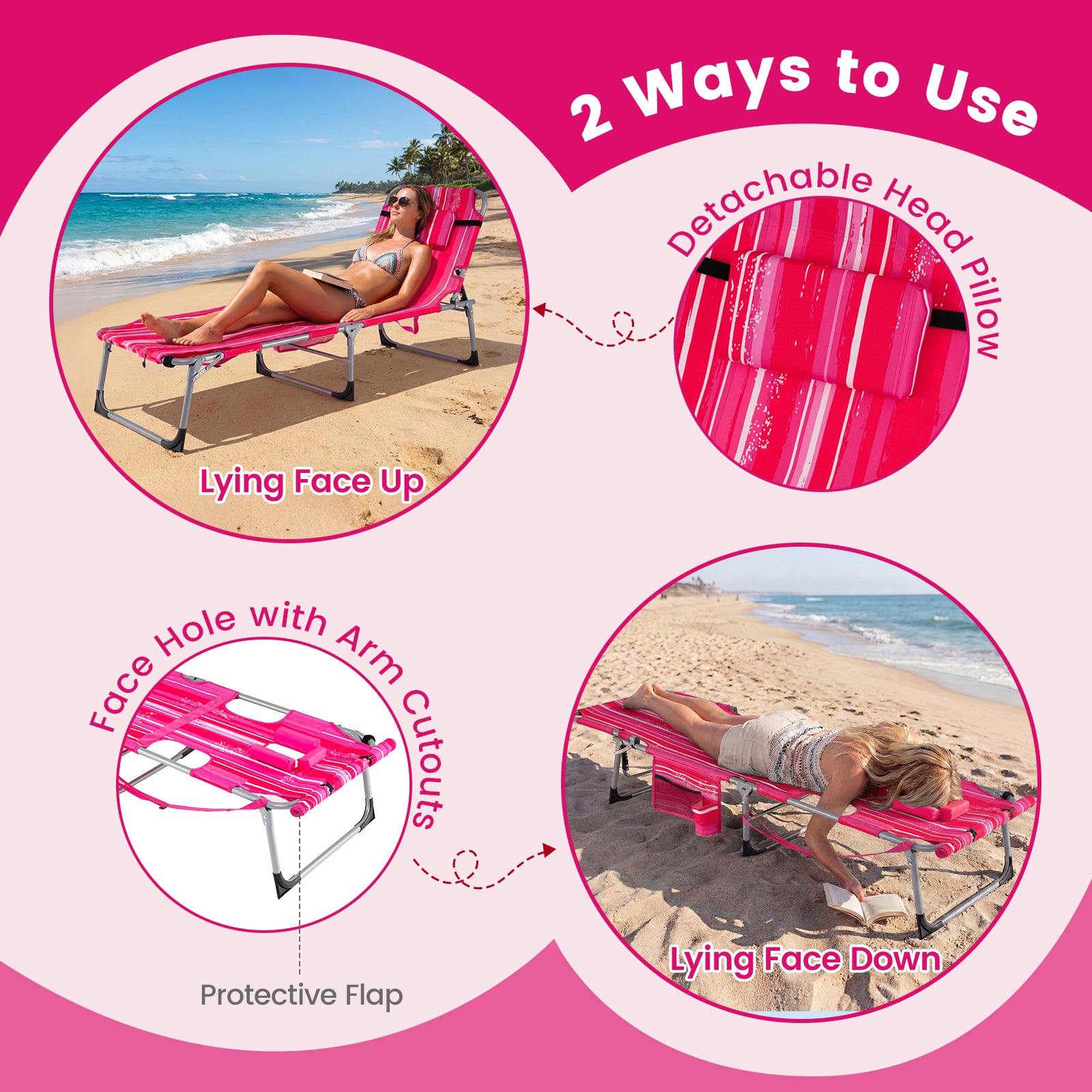 2 Tanning Chairs, Face Arm Holes, 4-Level Backrest Strip, Pink Beach & Lawn Chairs at Gallery Canada