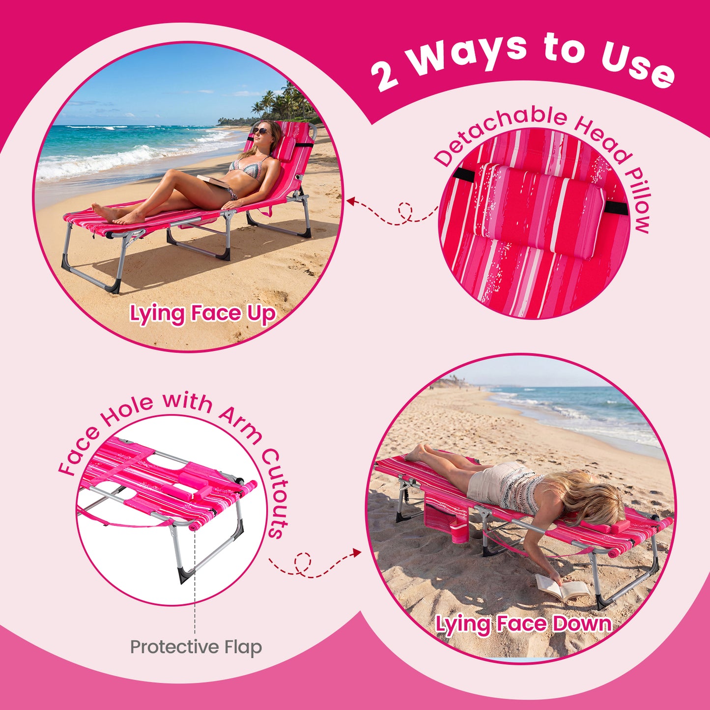2 Tanning Chairs, Face Arm Holes, 4-Level Backrest Strip, Pink Beach & Lawn Chairs at Gallery Canada