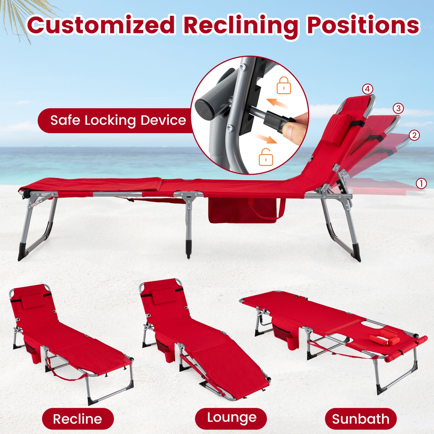 Portable Tanning Chairs, Set of 2, 4-Level Backrest, Red Beach & Lawn Chairs at Gallery Canada