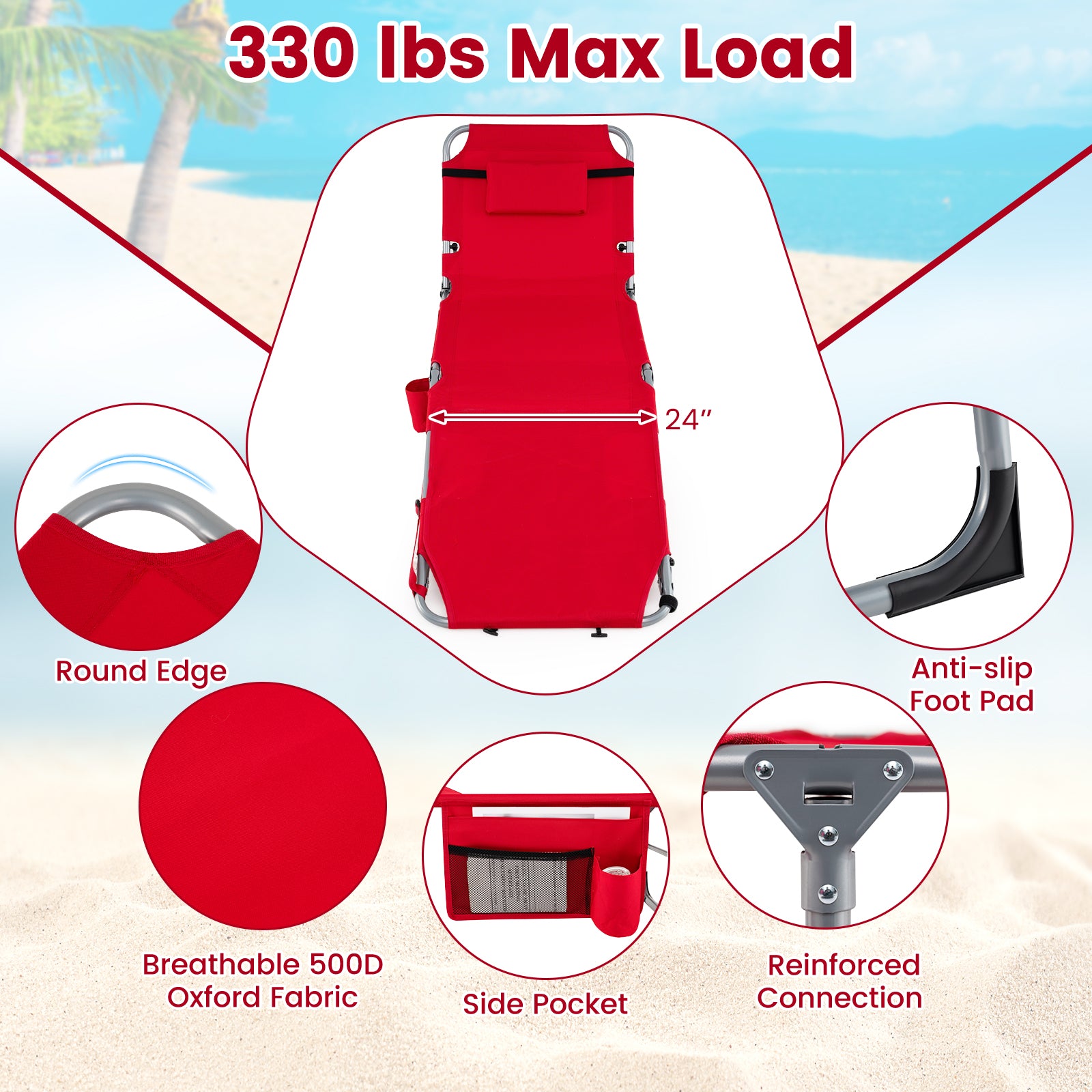 Portable Tanning Chairs, Set of 2, 4-Level Backrest, Red Beach & Lawn Chairs at Gallery Canada