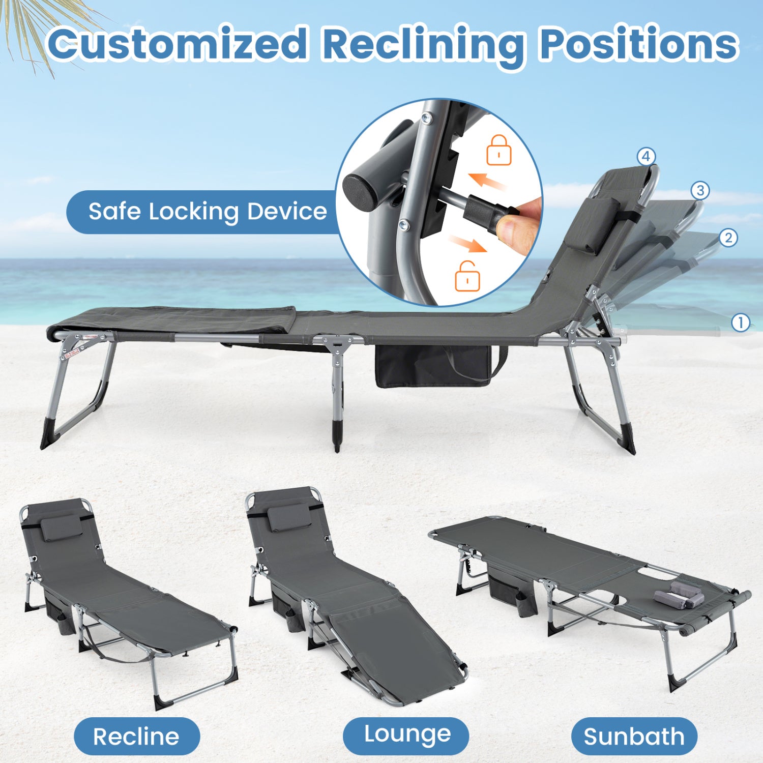 2 Tanning Chairs, Face Arm Holes, 4-Level Backrest, Gray Outdoor Seating & Patio Chairs at Gallery Canada