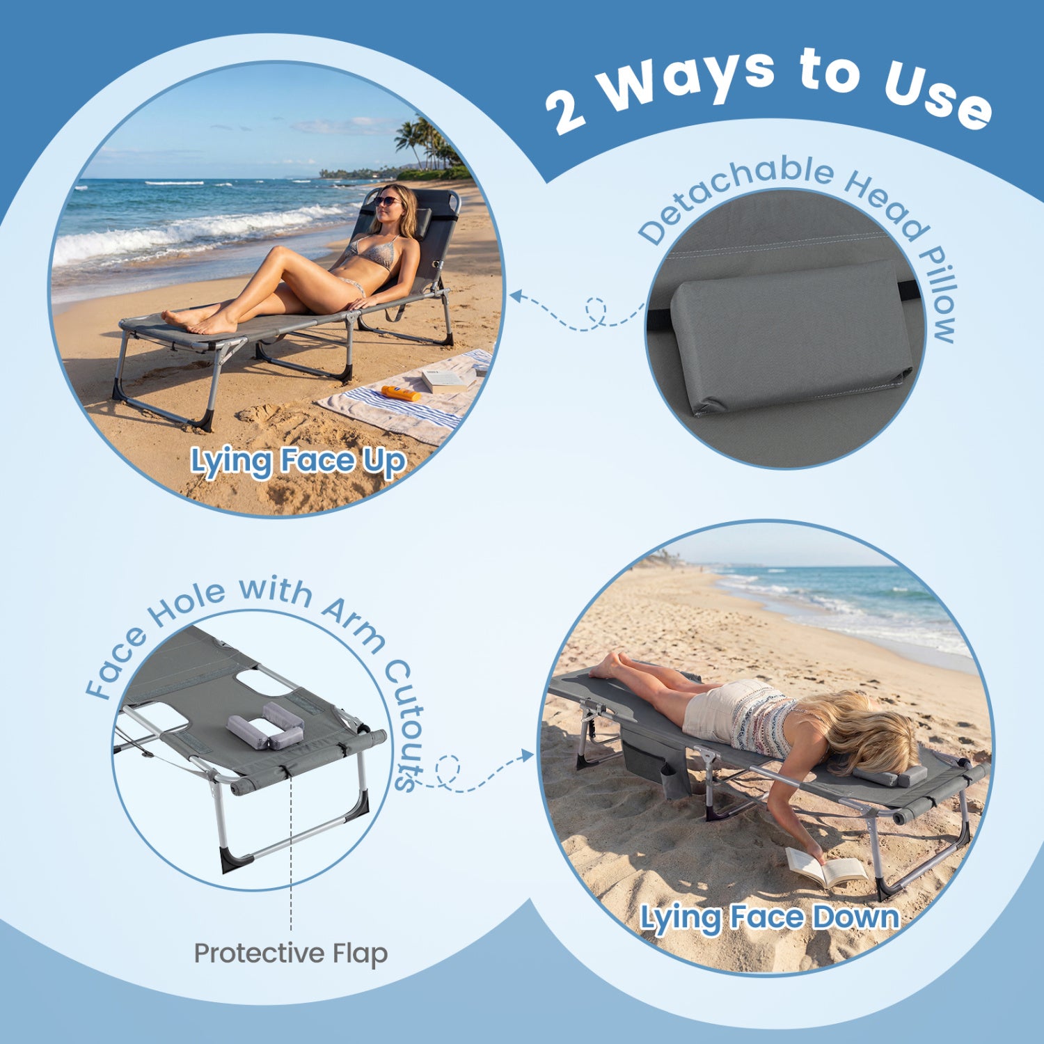 2 Tanning Chairs, Face Arm Holes, 4-Level Backrest, Gray Outdoor Seating & Patio Chairs at Gallery Canada