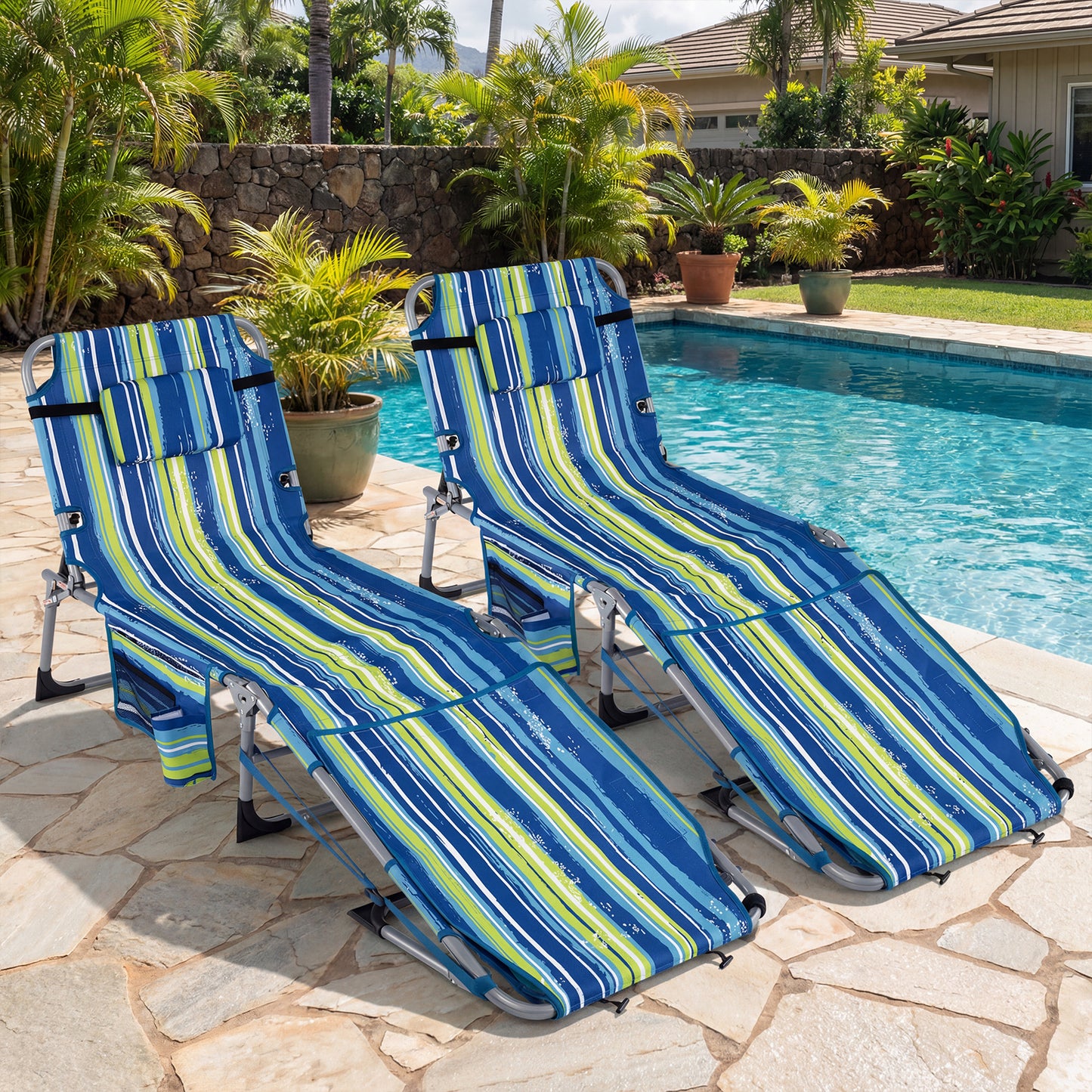 Portable Tanning Chairs, Set of 2, 4-Level Backrest, Blue & Green Beach & Lawn Chairs at Gallery Canada