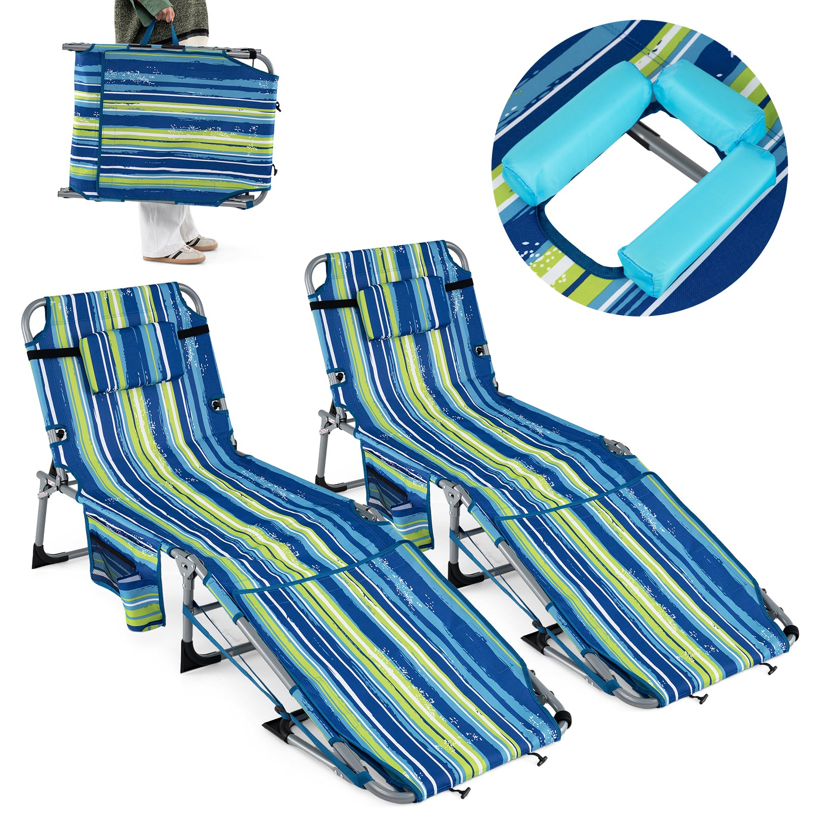 Portable Tanning Chairs, Set of 2, 4-Level Backrest, Blue & Green Beach & Lawn Chairs at Gallery Canada