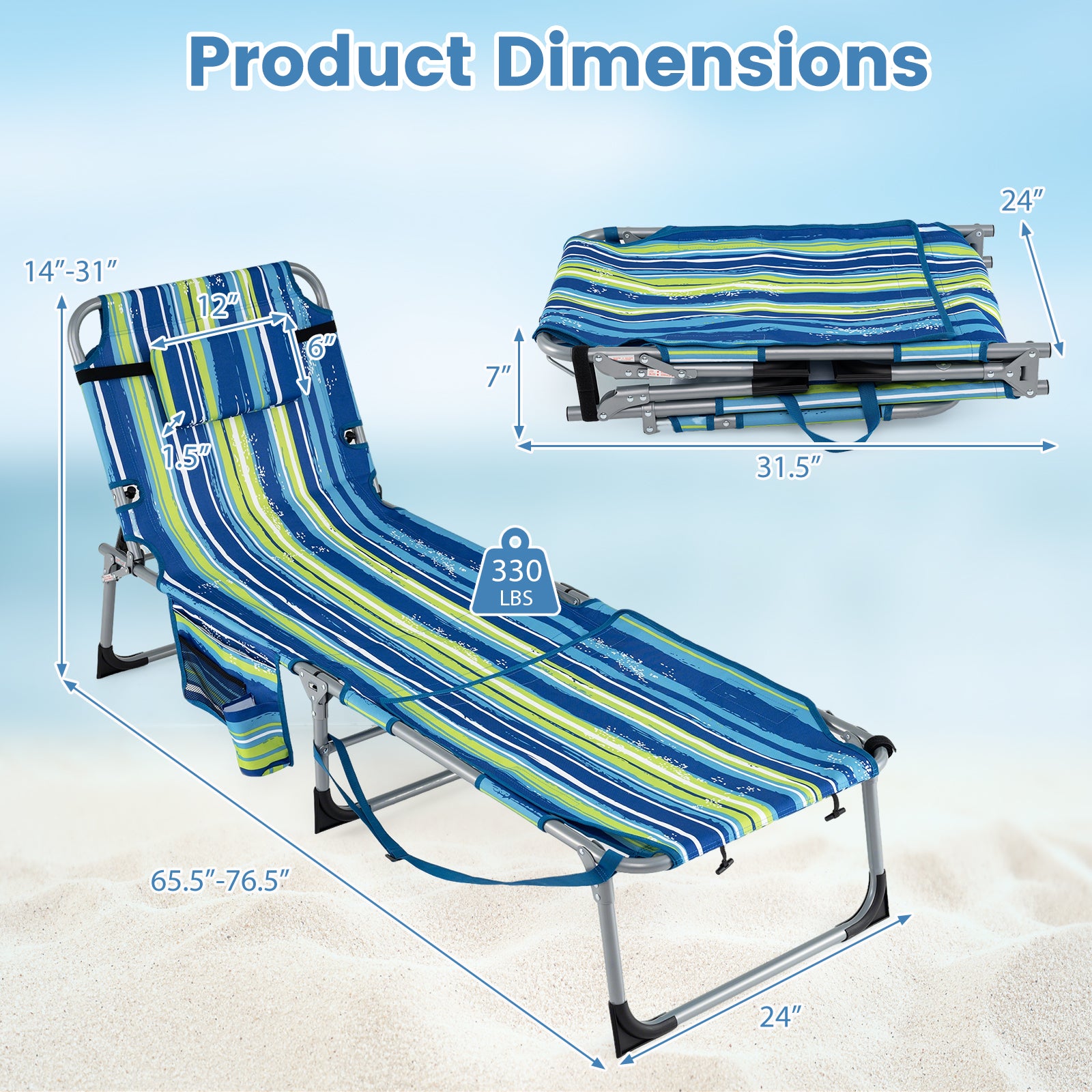 Portable Tanning Chairs, Set of 2, 4-Level Backrest, Blue & Green Beach & Lawn Chairs at Gallery Canada