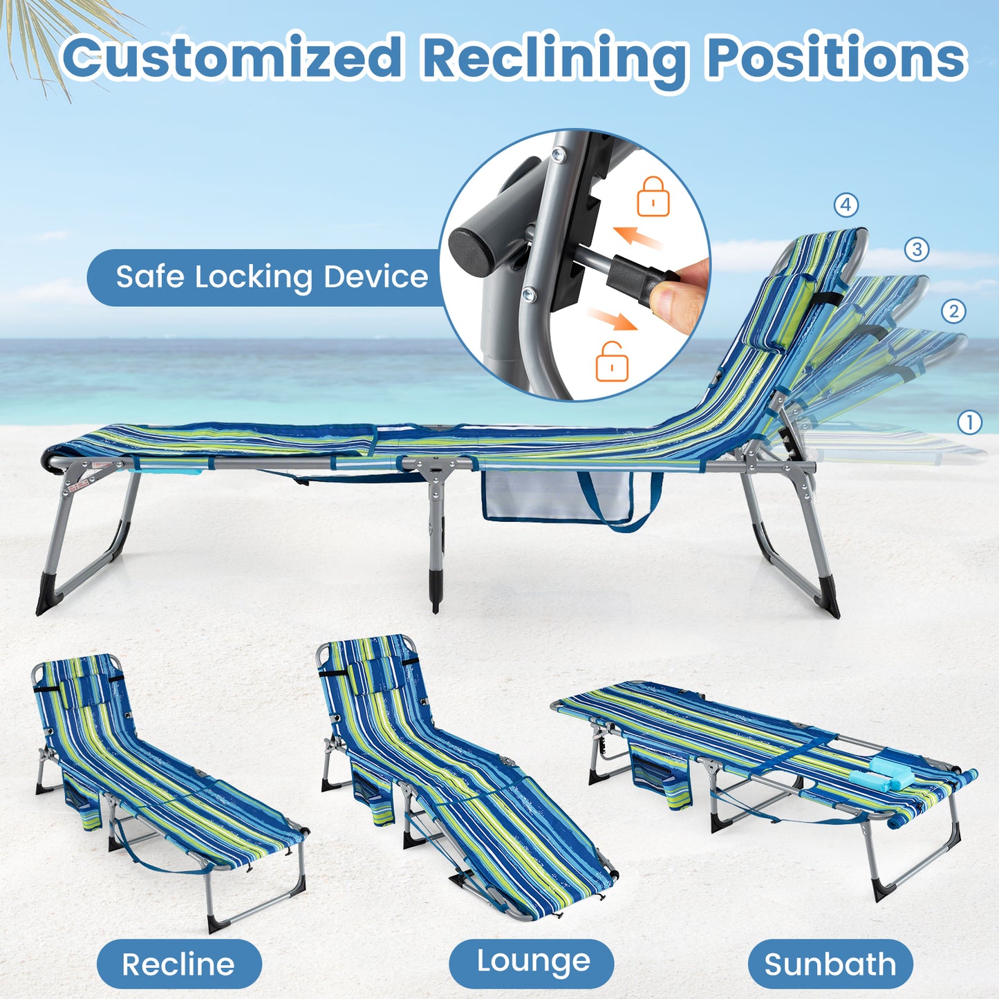 Portable Tanning Chairs, Set of 2, 4-Level Backrest, Blue & Green Beach & Lawn Chairs at Gallery Canada