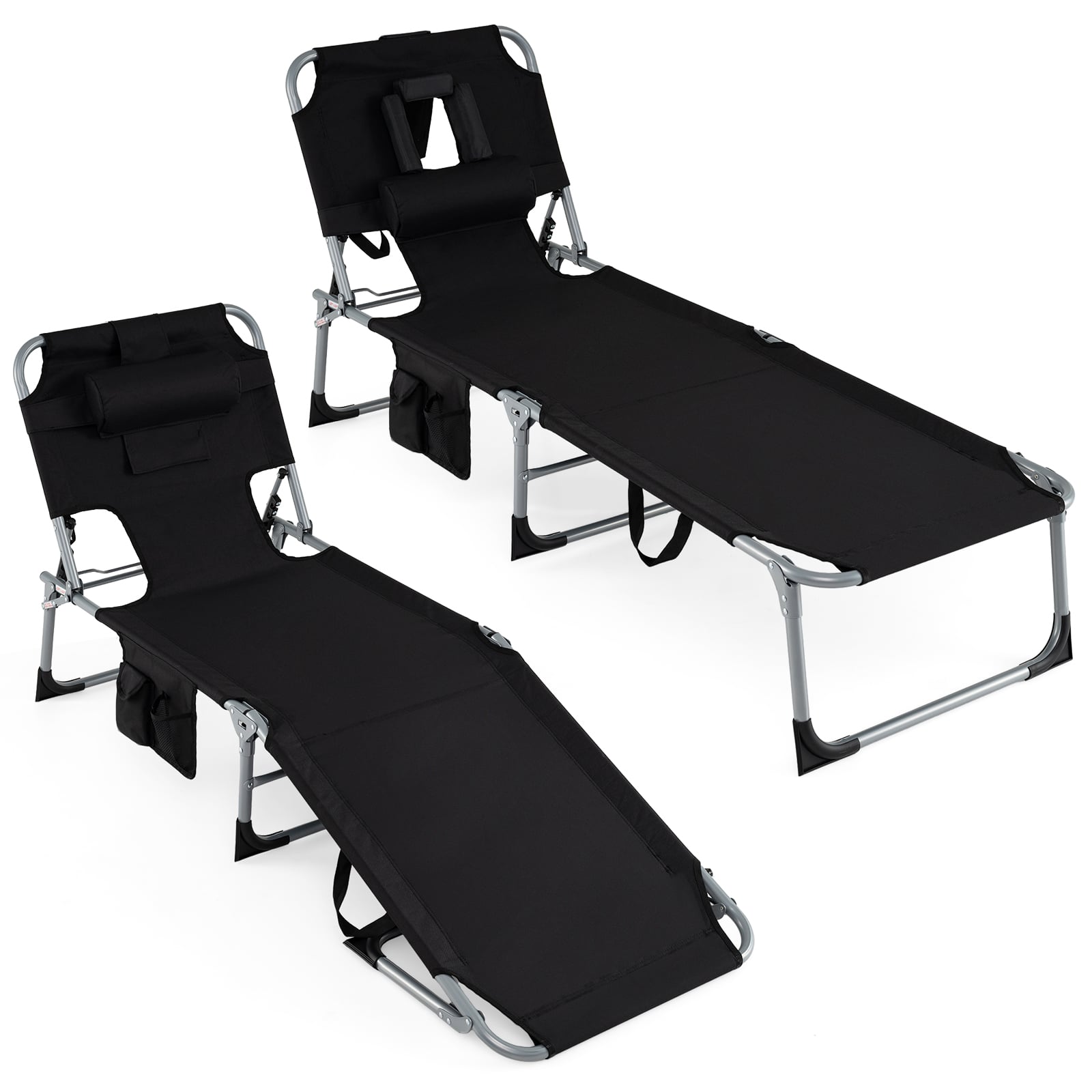 2-Pack Portable Tanning Chair, 4-Position Adjustable Backrest, Black Outdoor Chaise Lounges Black at Gallery Canada