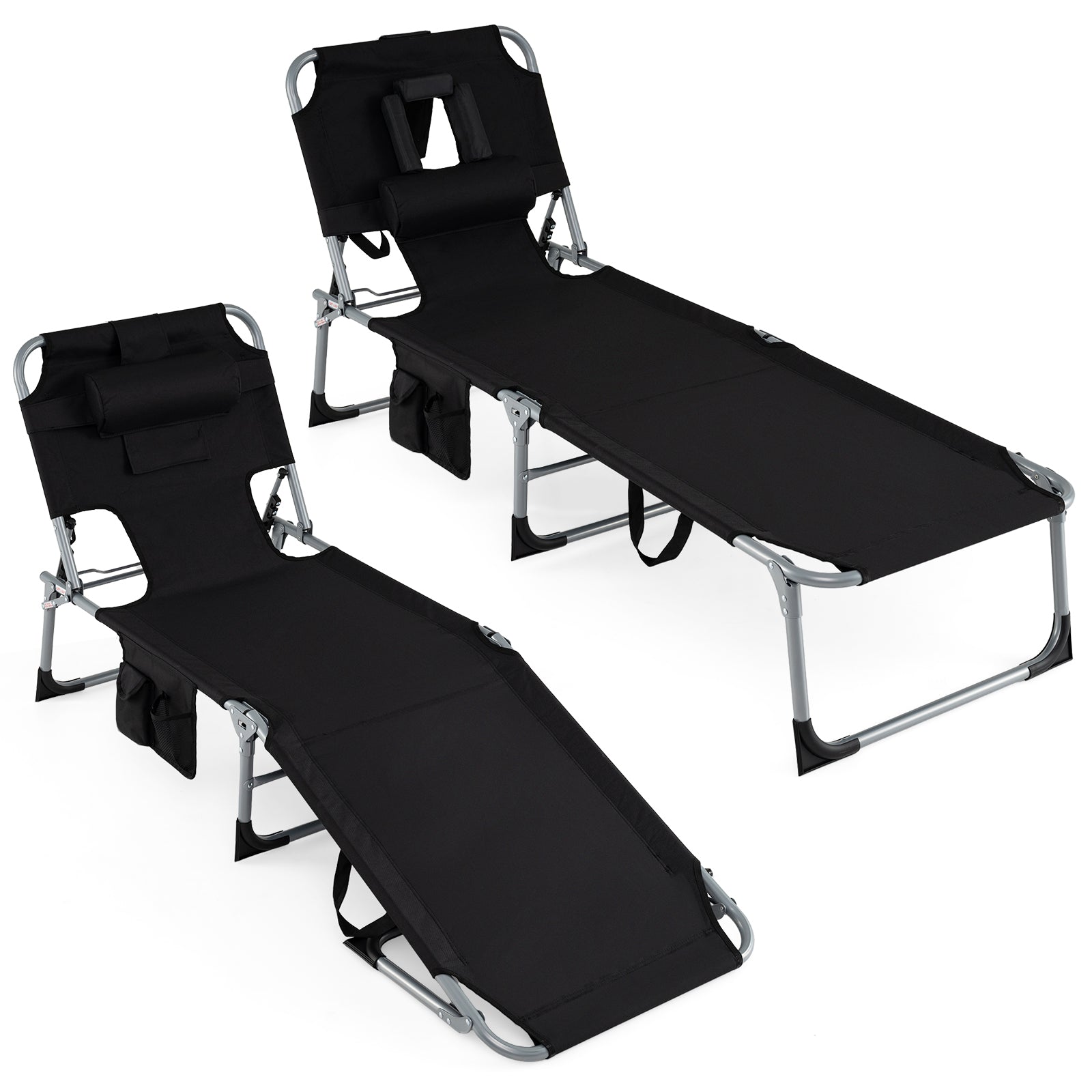 2-Pack Portable Tanning Chair, 4-Position Adjustable Backrest, Black Outdoor Chaise Lounges Black at Gallery Canada