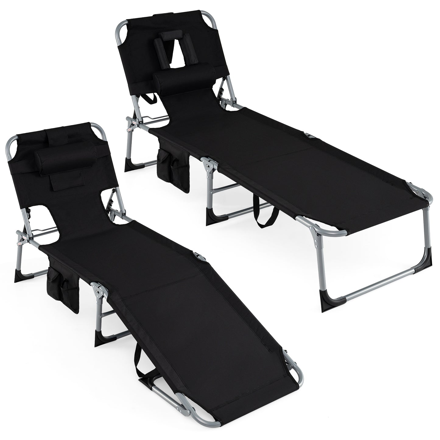 2-Pack Portable Tanning Chair, 4-Position Adjustable Backrest, Black Outdoor Chaise Lounges Black at Gallery Canada