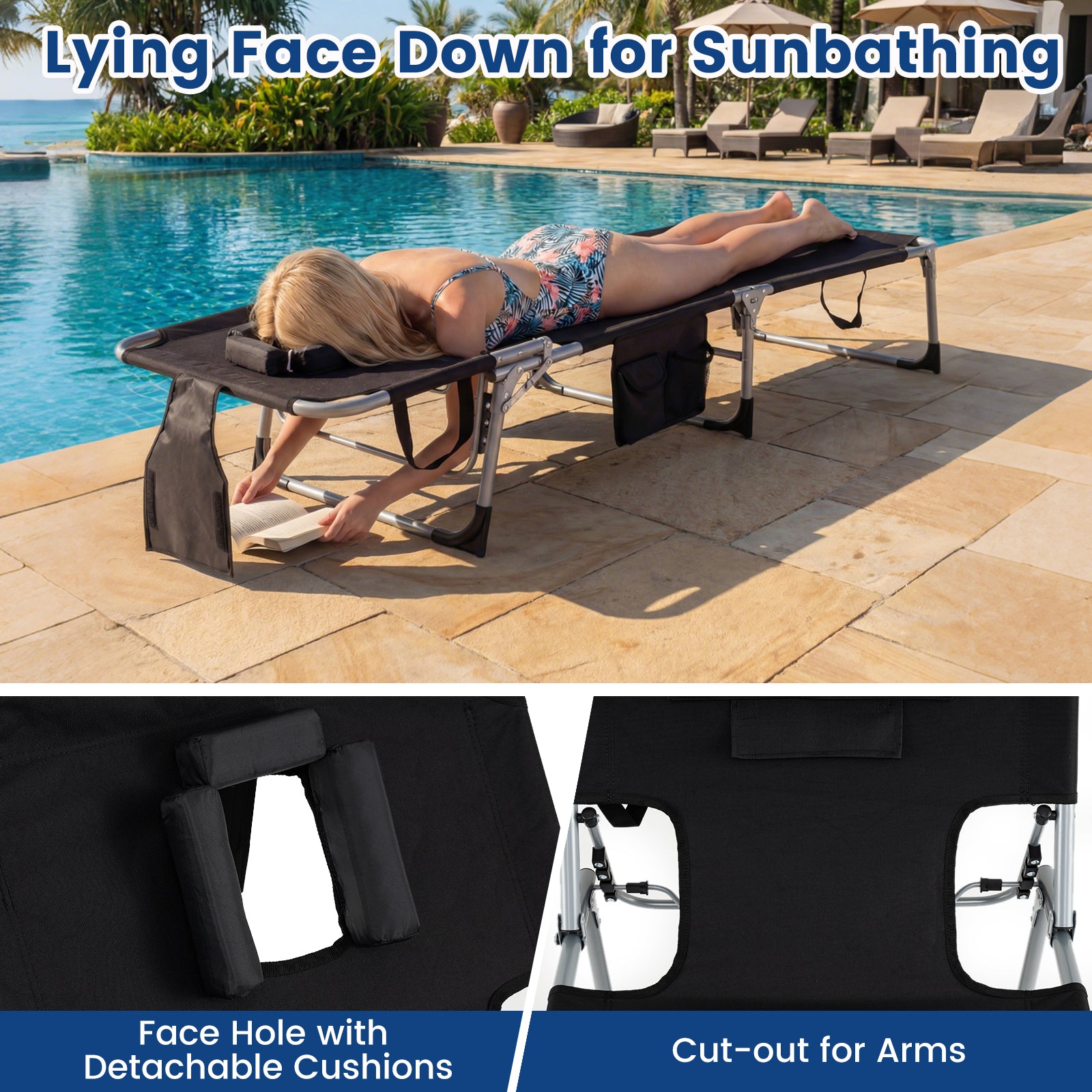 2-Pack Portable Tanning Chair, 4-Position Adjustable Backrest, Black Outdoor Chaise Lounges at Gallery Canada