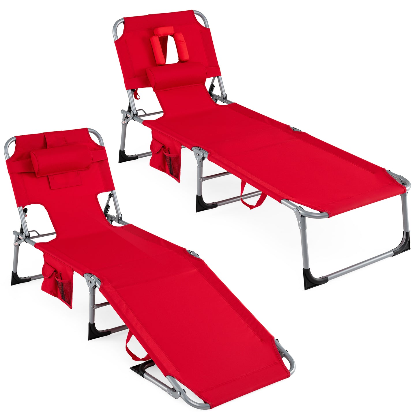 2-Pack Portable Tanning Chair, 4-Position Adjustable Backrest, Red Outdoor Chaise Lounges at Gallery Canada