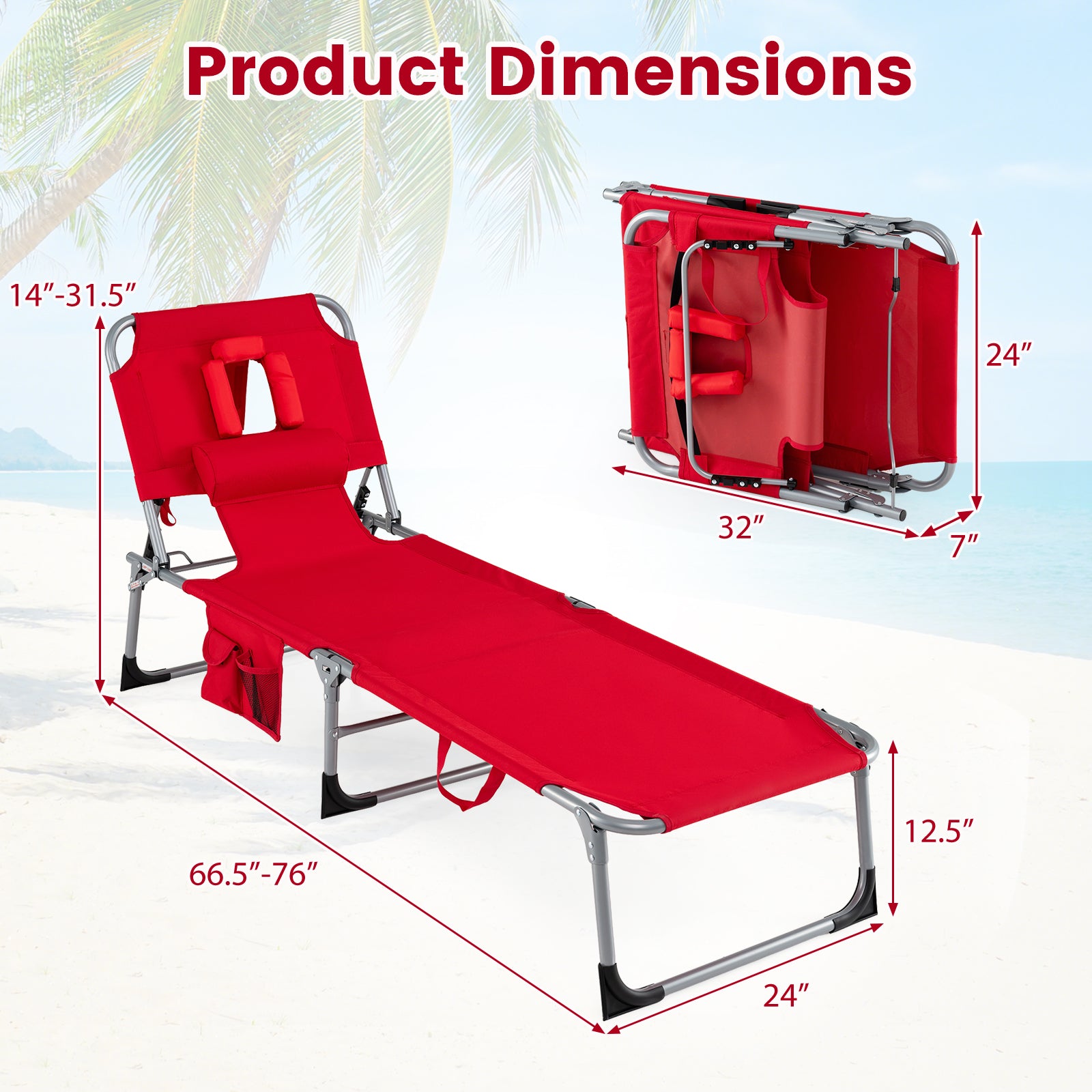 2-Pack Portable Tanning Chair, 4-Position Adjustable Backrest, Red Outdoor Chaise Lounges at Gallery Canada